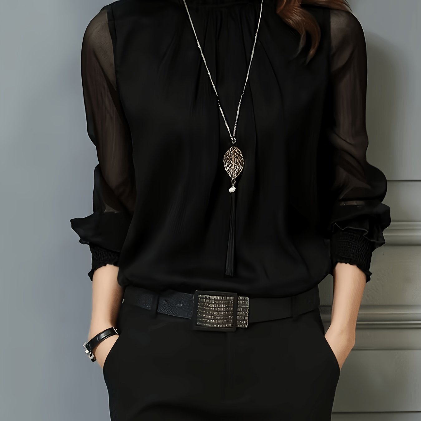 TEMU Women's Elegant Office And Casual Shirt - Stand Collar Long Sleeve Non-sheer Professional Top, Machine Washable Formal [q305]