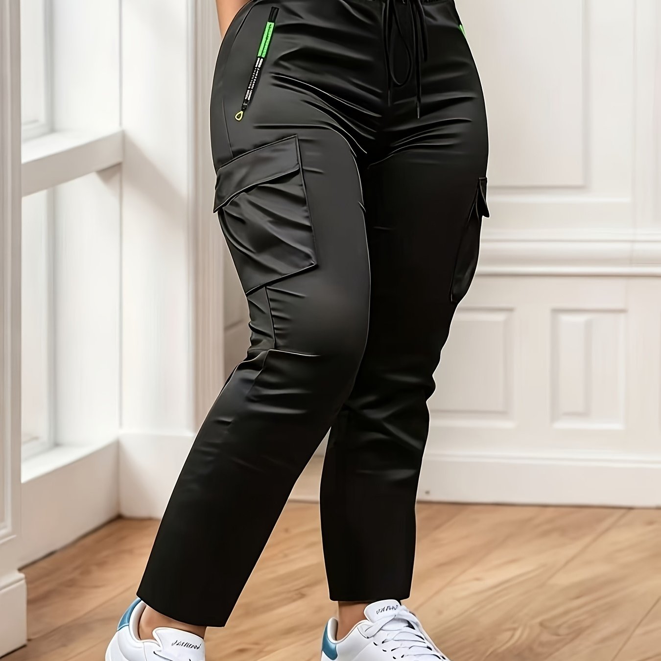 TEMU Women's Spring-autumn Style Letter-shaped Green Zipper Pocket Workwear Pants With Fashionable Large Patch , Drawstring Elastic Waist, Casual
