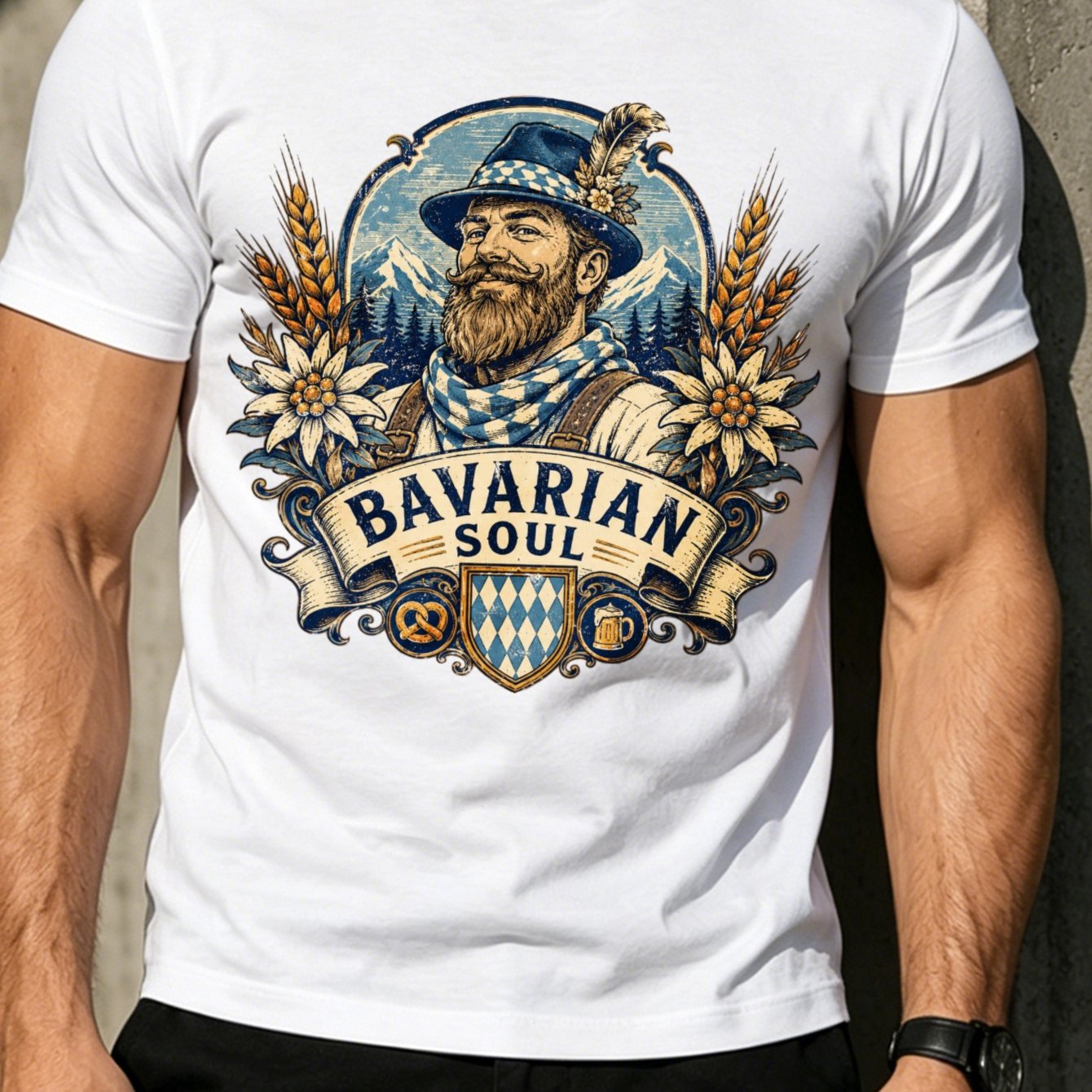 Image of Men's Soul T-shirt - Alpine Print With Wheat, & Mountain, Casual Round Neck Shirt Suitable For Oktoberfest, Themed Events, Wear, Machine Washable Traditional Outfit