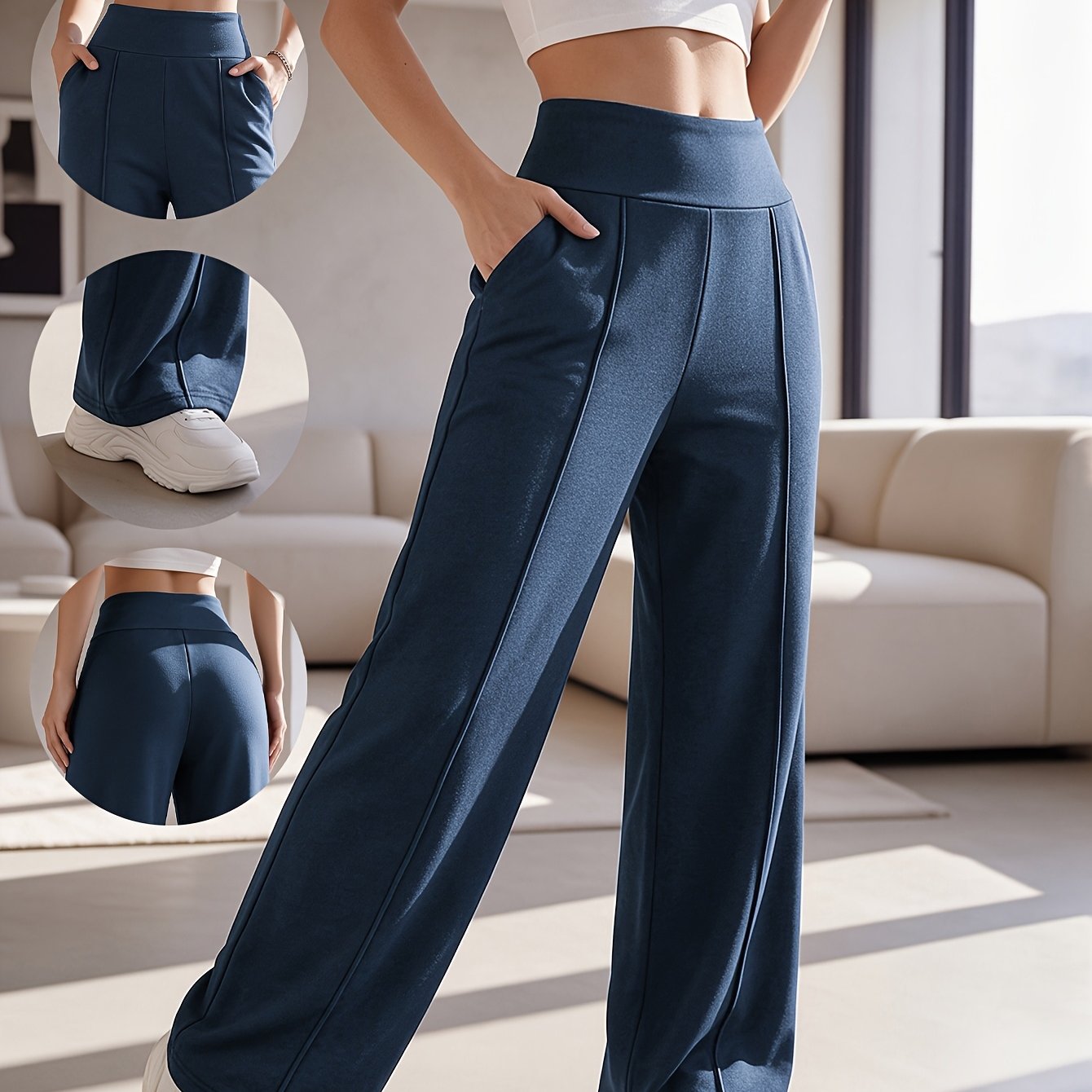 TEMU 1pc Women's High-waist Tummy Control Flowing Straight-leg Pants, Soft -friendly Trousers With Pockets, Commuter Casual Straight-leg Long Pants