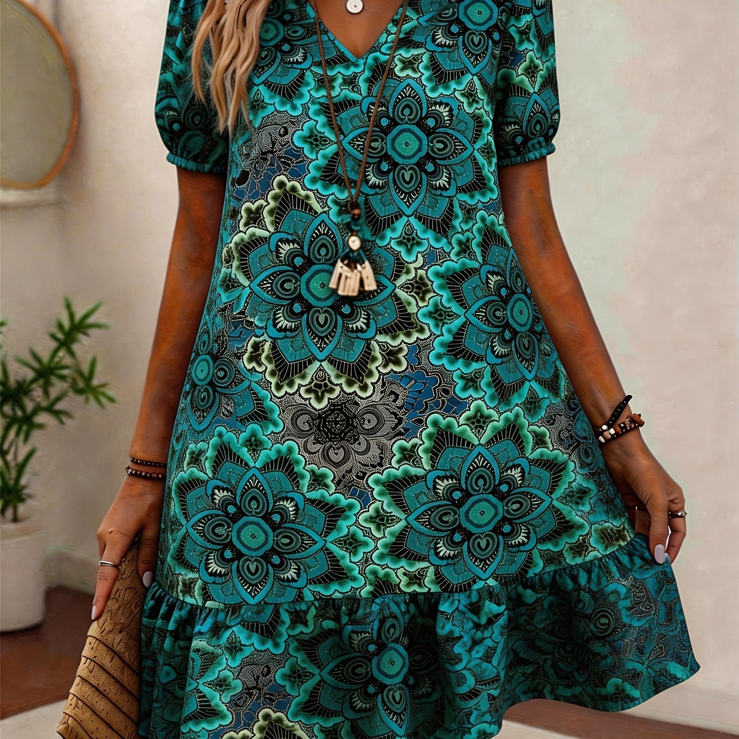 TEMU Women's Spring/summer Bohemian Style Print Dress With V-neck, Short Sleeves, Hem, And Loose Fit For Casual Wear