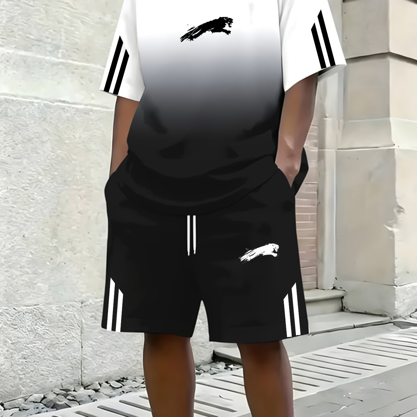 TEMU 2pcs Men's Summer 2pcs Matching T-shirt & Shorts Outfit - Breathable Short-sleeve Crew Neck Matching Set With T-shirts & Shorts, Casual