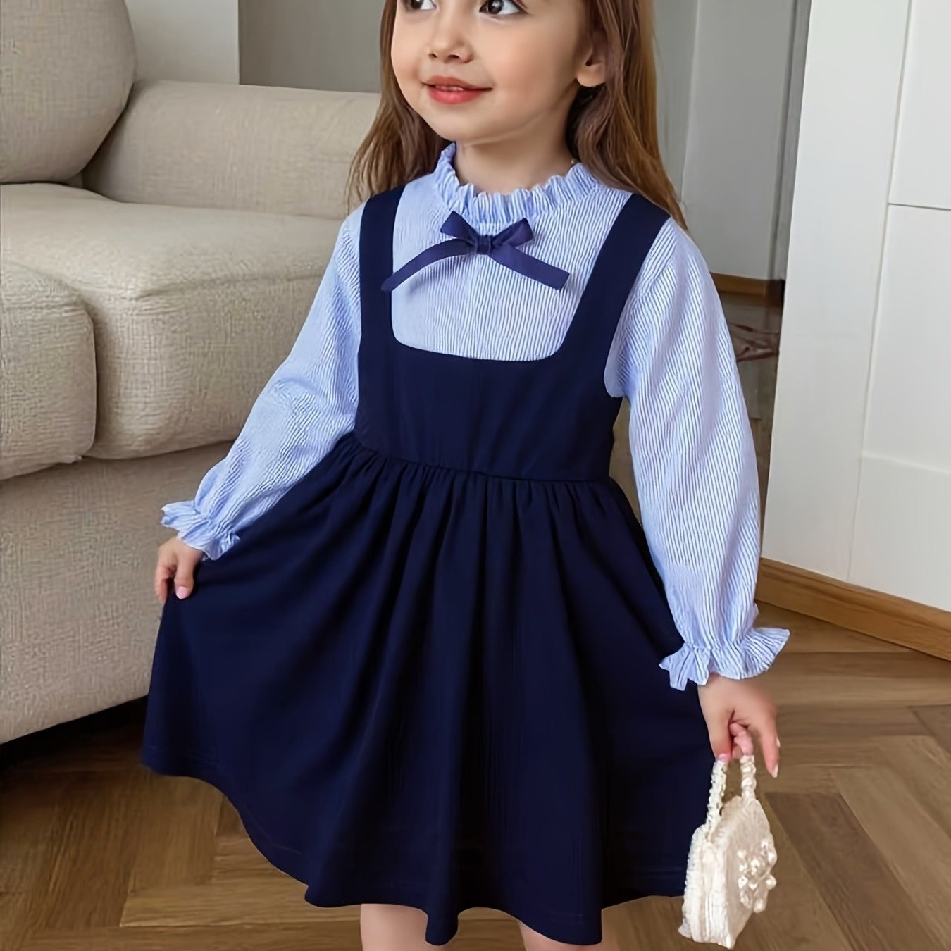 Image of Preppy Style Young Girl Fashion Casual Fake Two-piece Color-block 3d Bow Striped Long Sleeve Tie-front Neck Cami A-line Skirt Dress For Daily Wear, Play, Or Parties