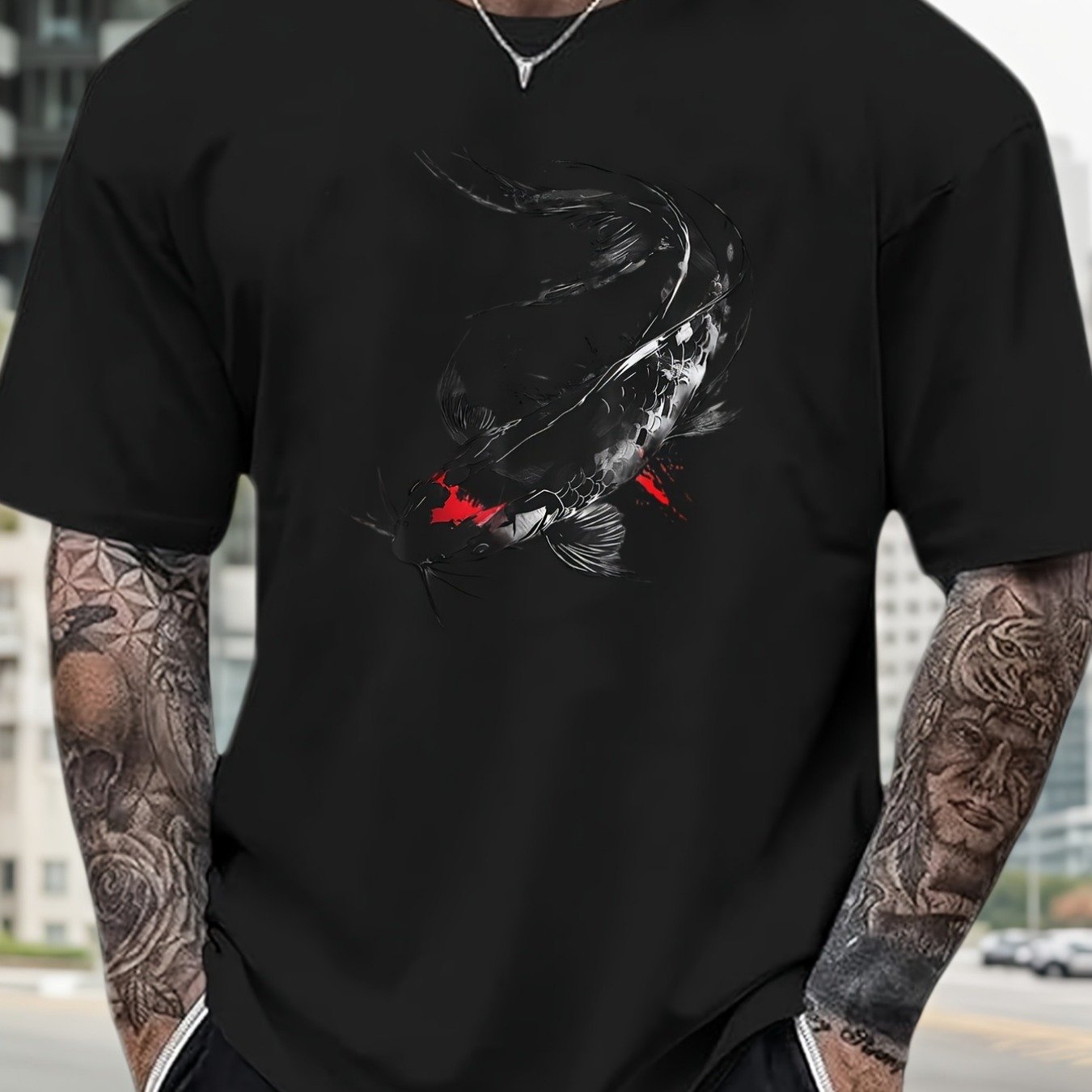 Men's 100% Short Sleeve T-shirt With Dynamic Koi Fish Geometric Print | , , Regular Fit Round Neck Casual Tee For Casual Attire - Ideal Gift For Men