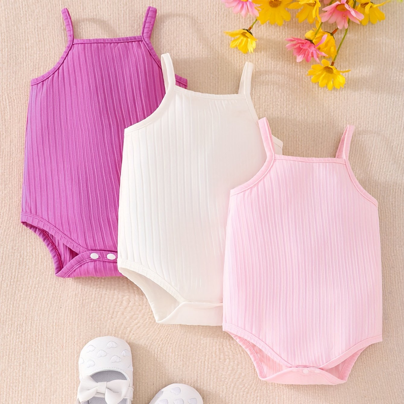 Girls' Solid Color Suspender Romper 3pcs Set, Newborn Baby Summer Sleeveless Suspender Bodysuit, Perfect For Outdoor