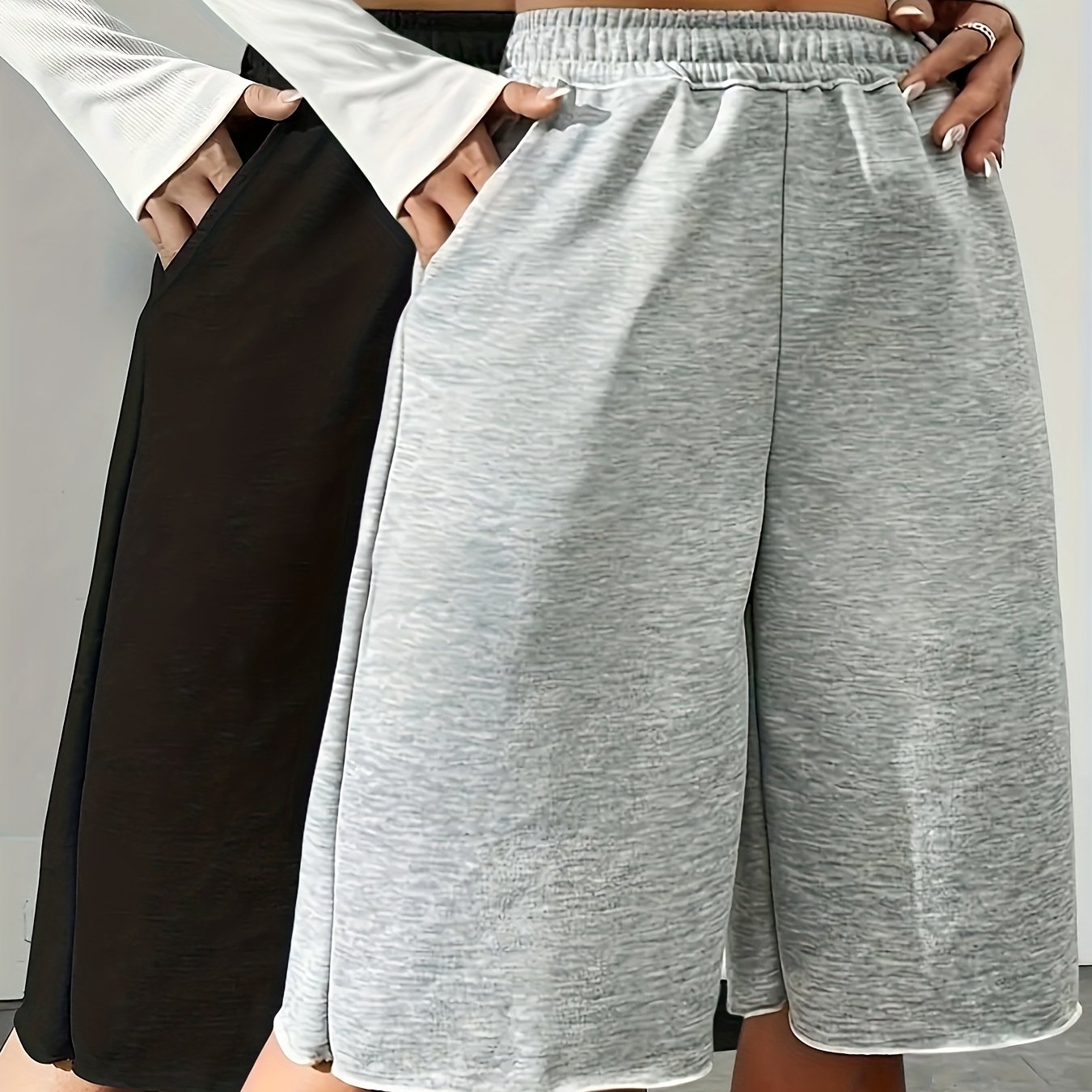 Women's Summer Solid Color Loose Shorts Black And Grey Two-pack