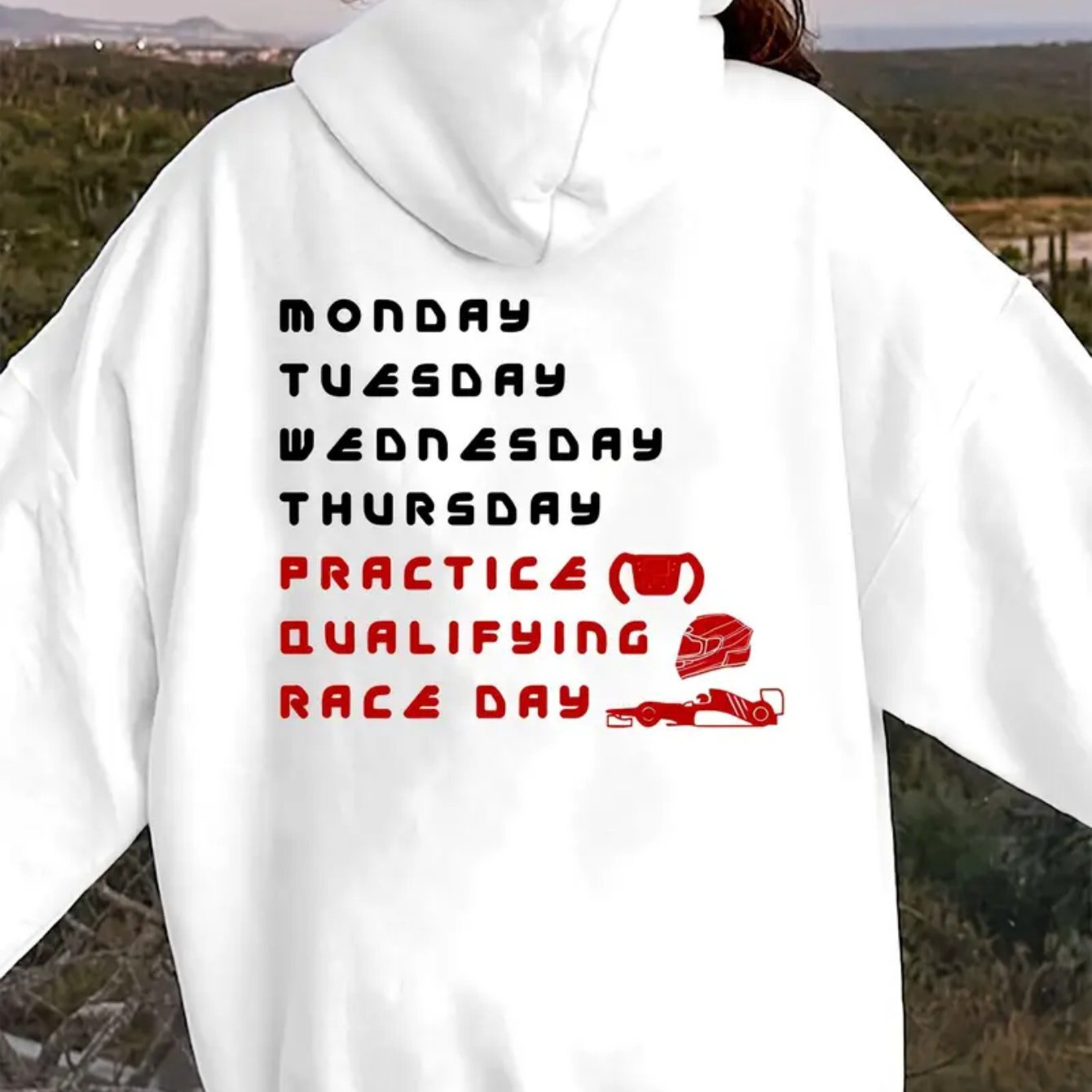 TEMU Women's Pink Graphic Print Hoodie - Casual Drawstring Sweatshirt With "monday-sunday" Design, Race Car & Trophy Illustrations, Fall & Winter