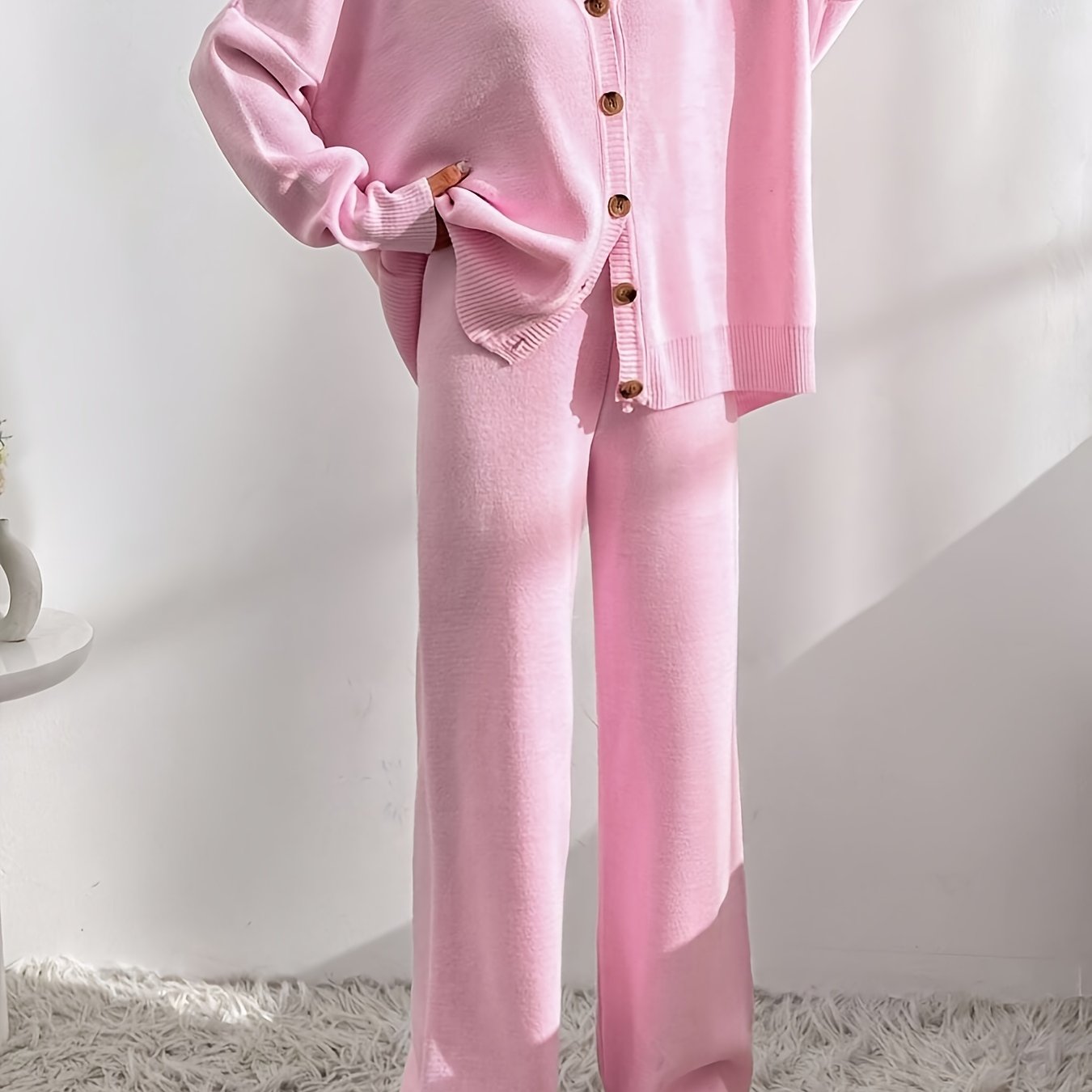 New Fashionable Elegant Simple V-neck Long Sleeve Solid Color Women's Sweater Cardigan And Pants Two-piece Set
