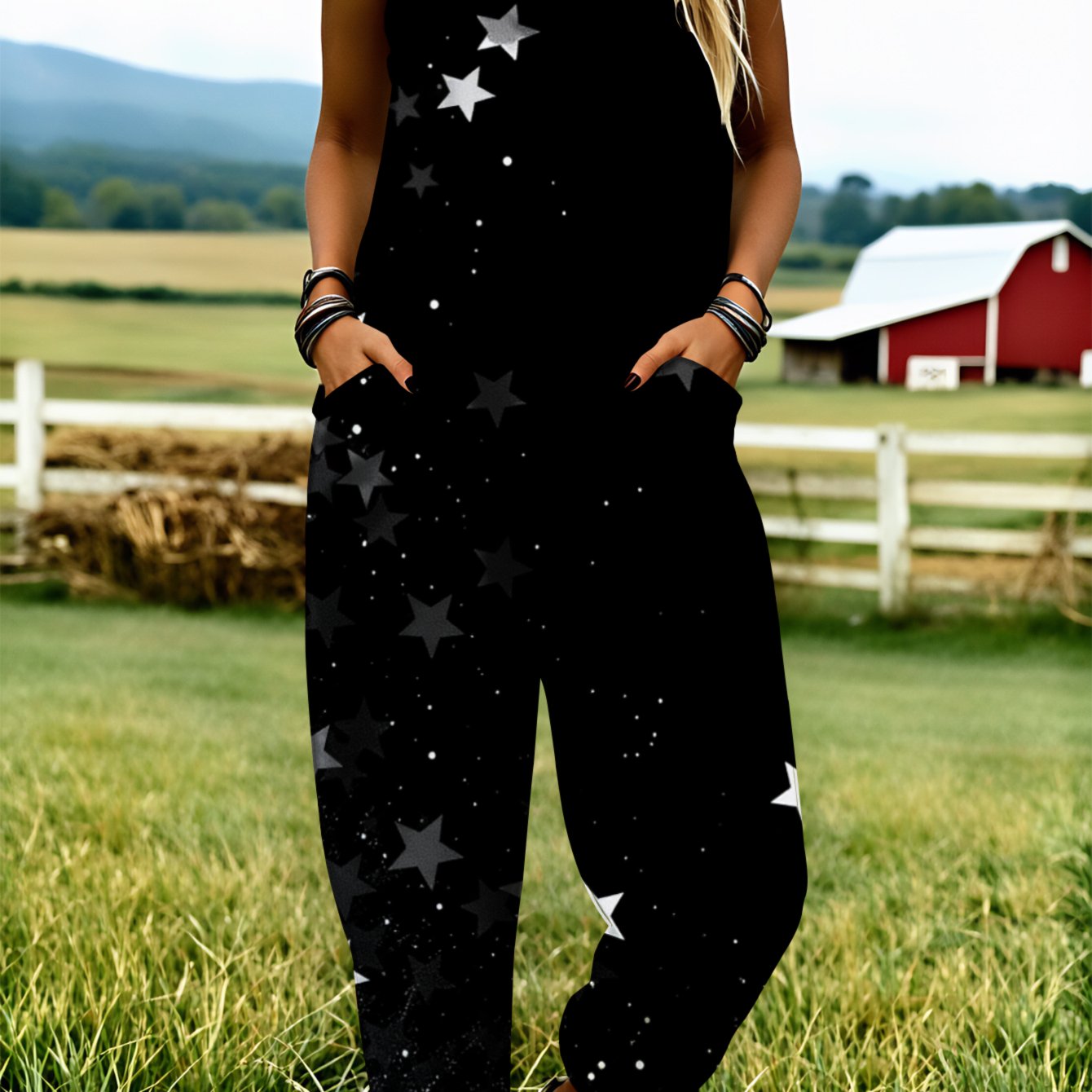 Image of Plus Size - Plus Size - Plus Size Women's Overalls 0xl-5xl Star Pattern Print Design Comfortable And Breathable Fiber Wide-leg Pants Personalized Print Suitable For Spring, Summer And Autumn