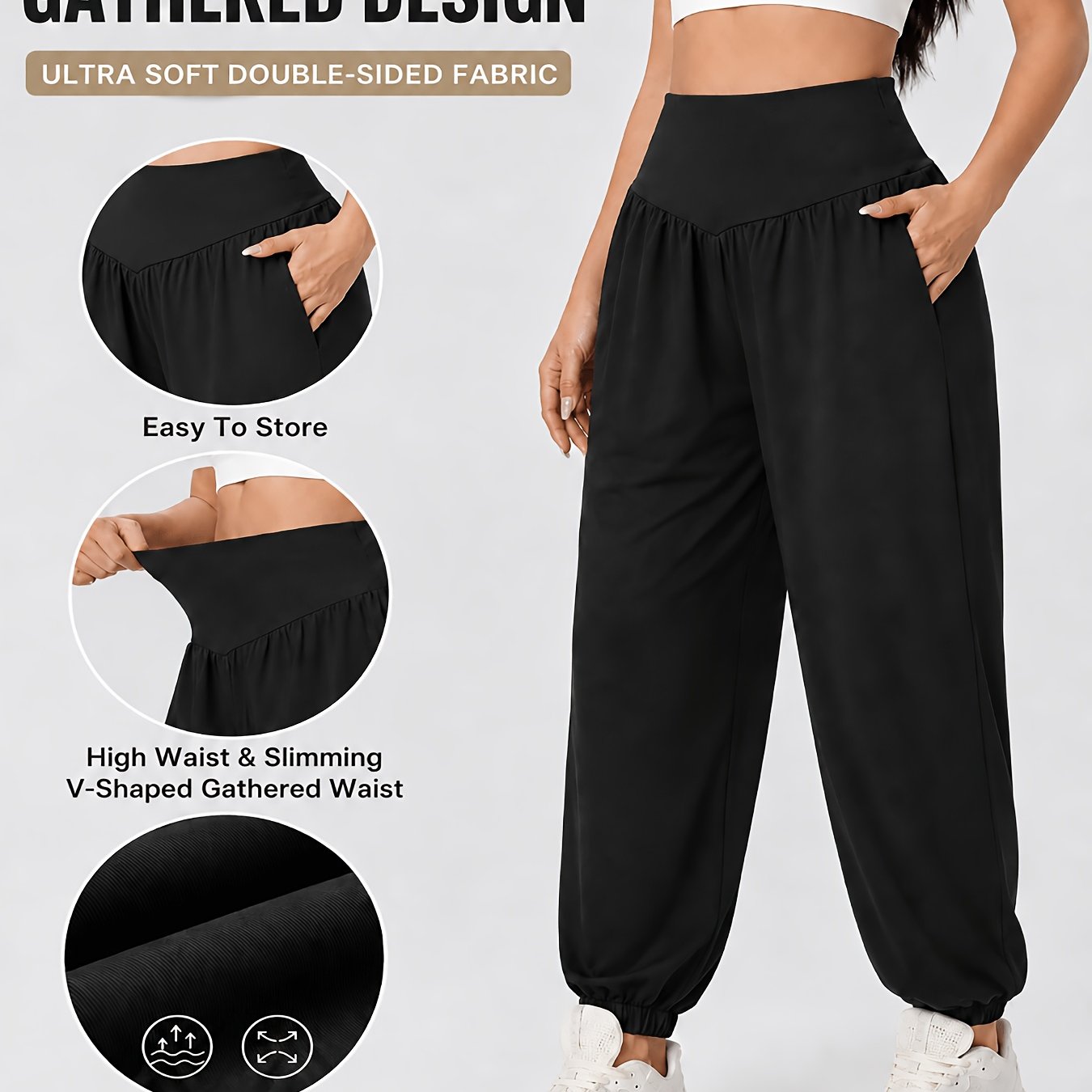 Image of Women's Casual Solid High-waist Loose Lantern Pants, Daily Tummy Control Ankle-cinching Yoga Fitness Athletic Trousers