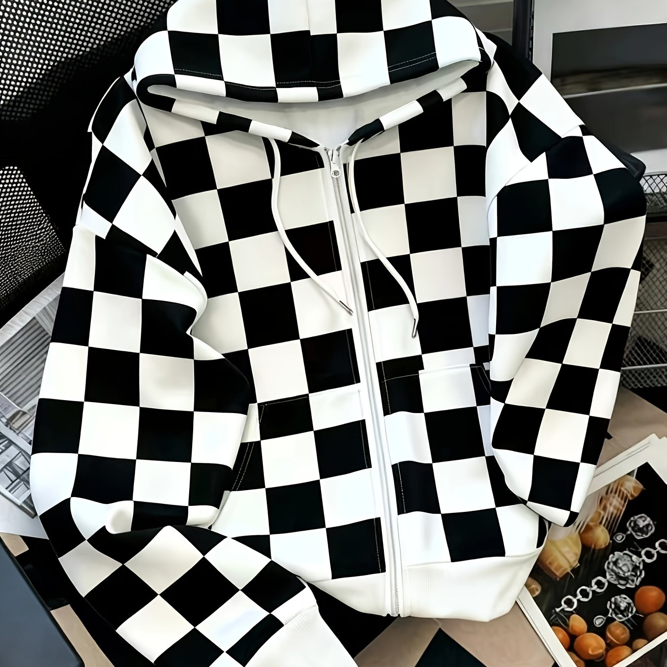 TEMU [printed Design - Not Textured] Women's Zippered Hooded Cardigan Sweatshirt, Long Sleeve Casual Jacket, Color-block Pattern, All-match Top For