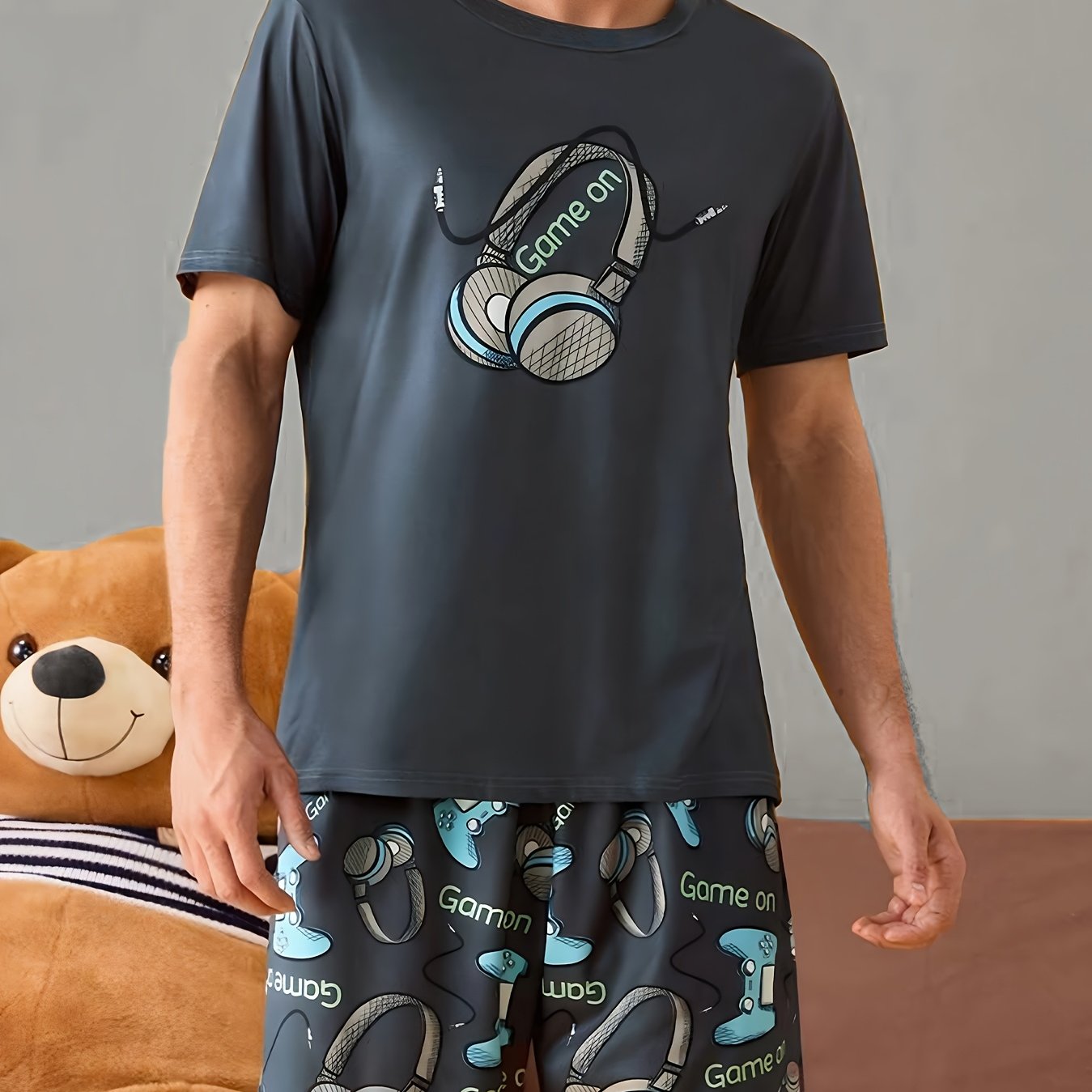 TEMU Men's Cute Headphone Print Short Sleeve Shorts Loungewear Set