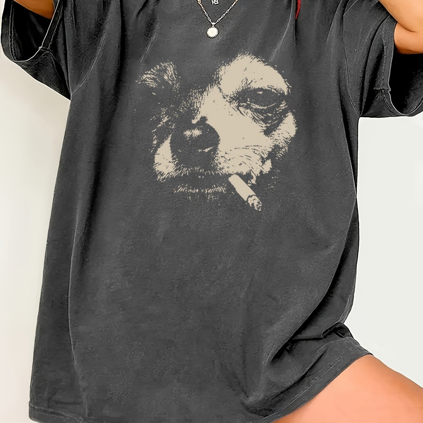 TEMU Women's Plus Size Oversized Chihuahua Graphic T-shirt - Short Sleeve Crew Neck Casual Blouse Top Suitable For Summer & Spring, Non- Lettering
