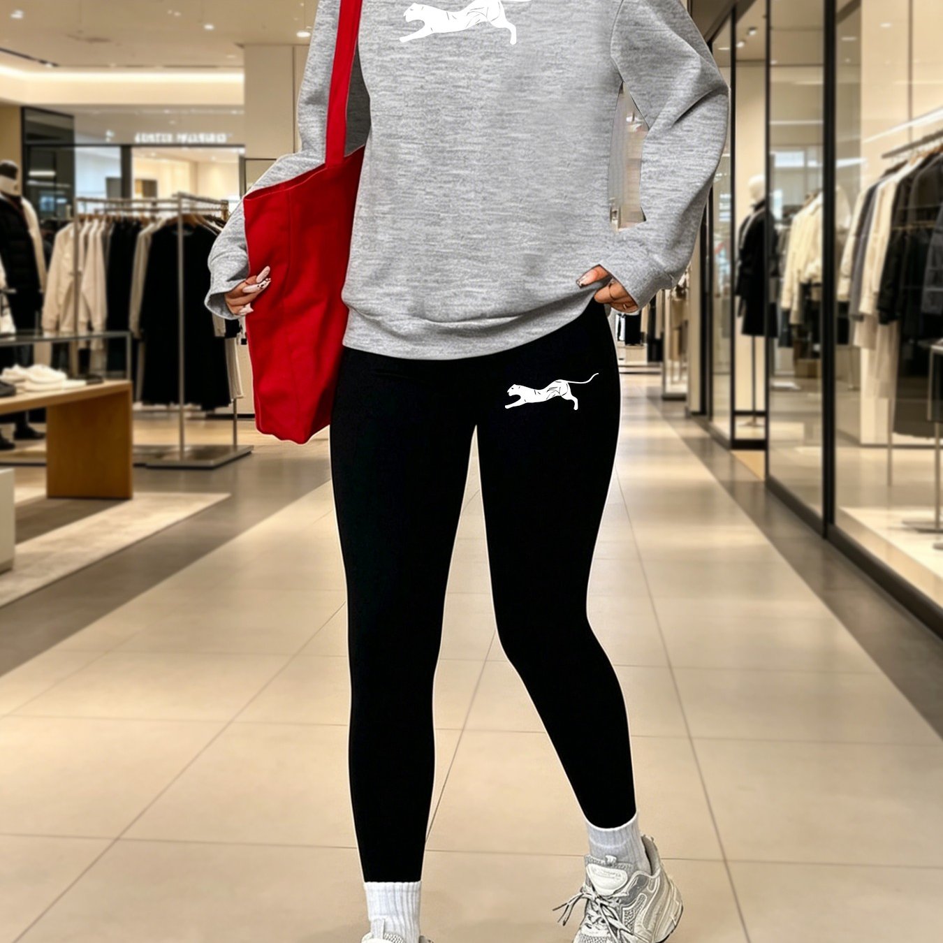 TEMU Spring, Autumn, Winter Creative Animal Print 2pcs Set: Women's Casual Sportswear With Round Neck Long Sleeve -lined Sweatshirt And Elastic Waist