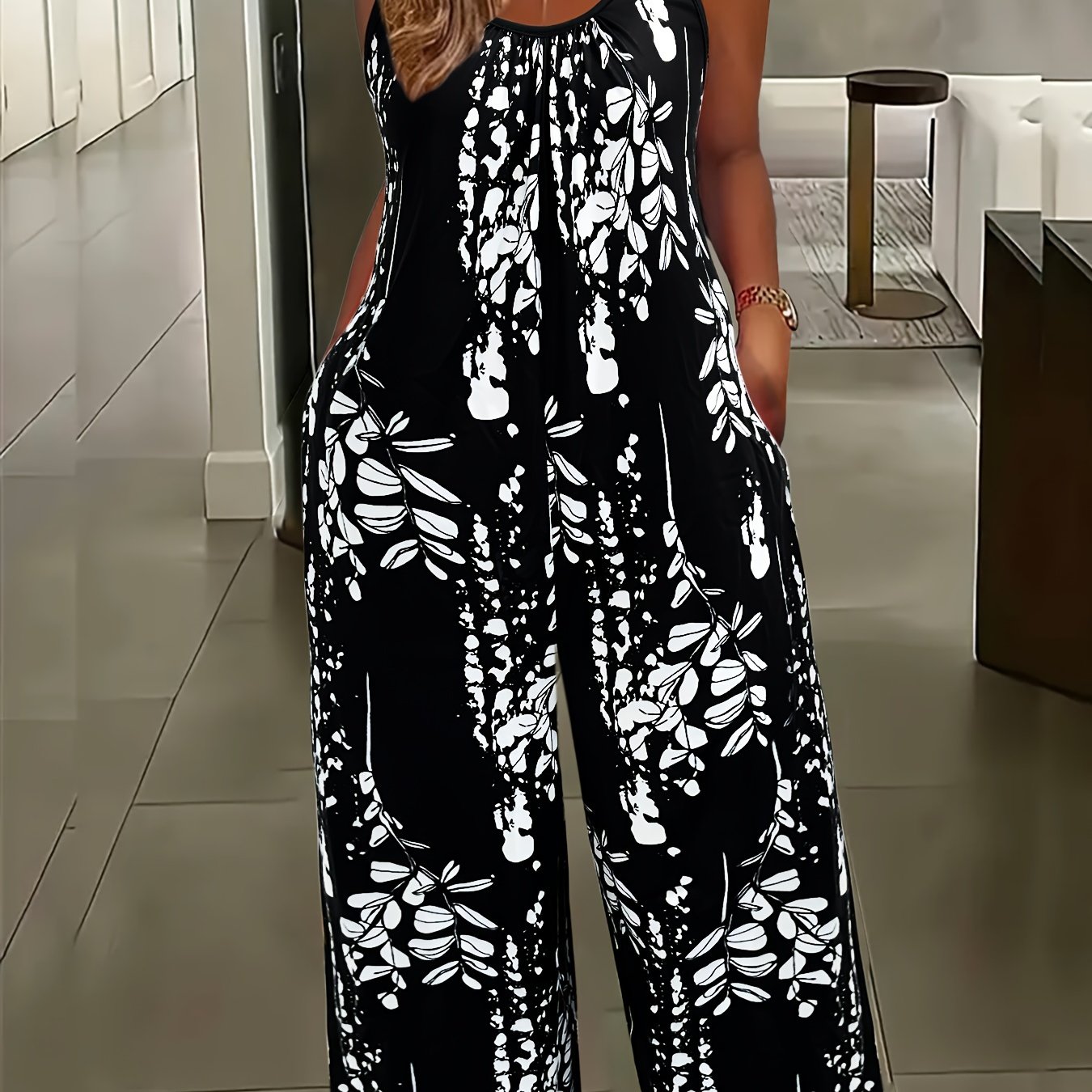Image of Plus Size - Plus Size - Women's Fashion Floral Print Jumpsuit Round Neck Pleated Pocket Casual Pants Jumpsuit Sleeveless Suspender Jumpsuit Wide Leg Pants Plus Size Jumpsuit Women's Clothing