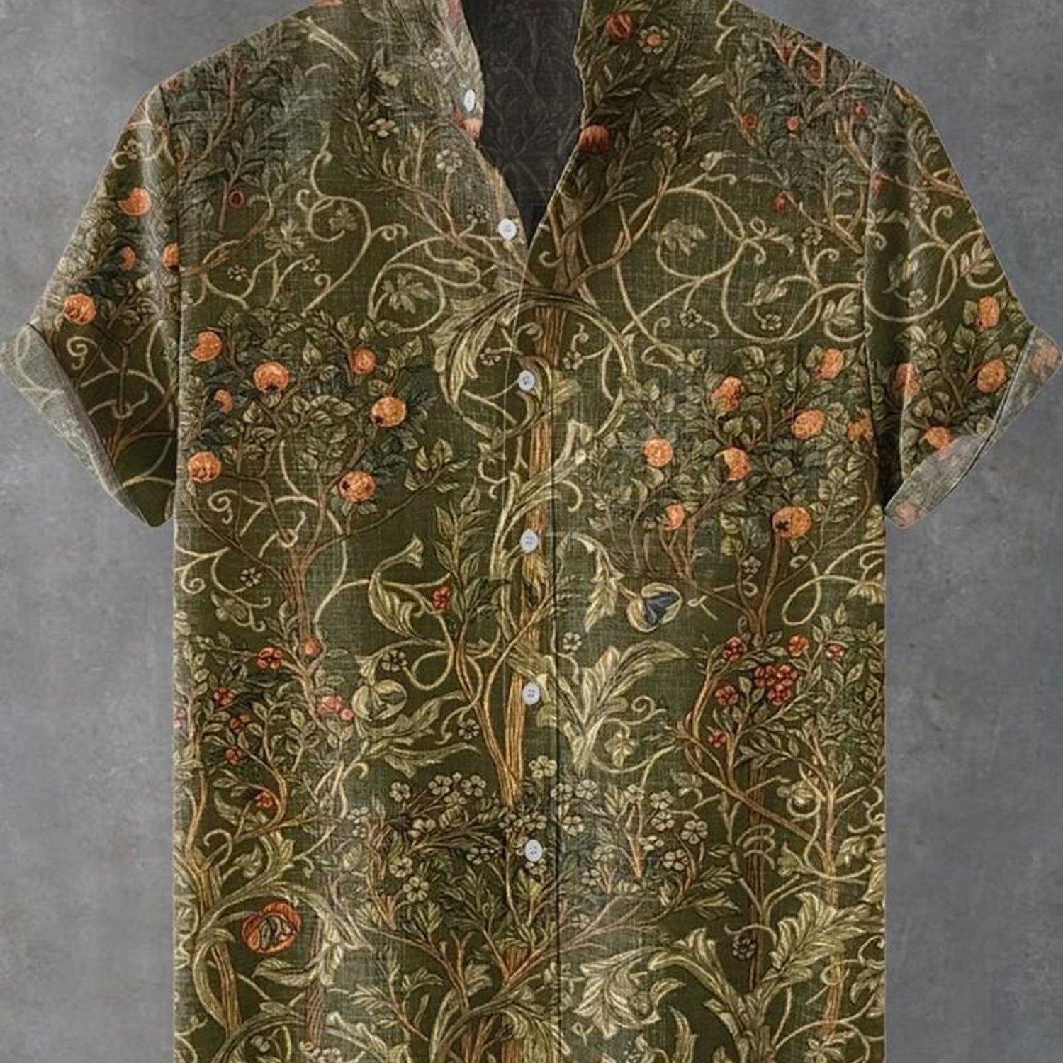 Image of Men's Formal Short-sleeved Button- Shirt, Vintage Botanical (trees, Fruits, Vines) Pattern, Green-based Mixed Color, Multiple Specs, Classic Collar, Slightly Rolled Sleeves, Retro Aesthetic, /leisure