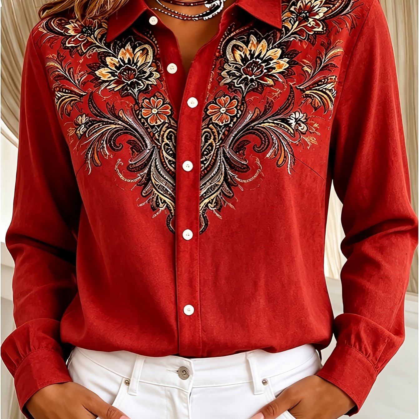 TEMU Women's Beautiful Shirt Long Sleeve Fashion Trendy Lapel Shirt, Retro American Floral Print Women's Blouse Top, Perfect Gift For Women