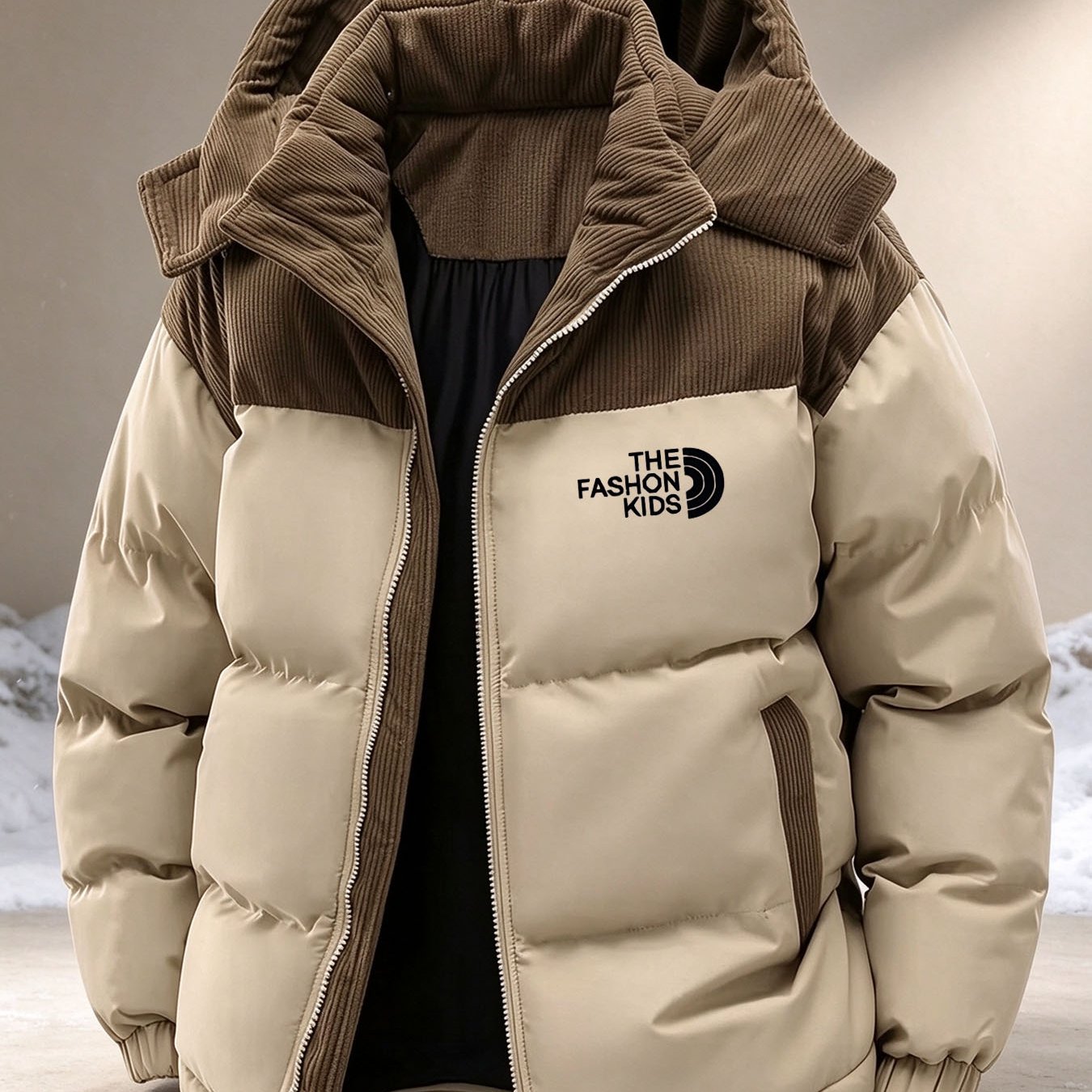 Corduroy Patchwork Hooded Padded, a Winter Thickened Warm Color-block Padded Featuring an Arched "THE FASHION KIDS" Letter Logo Print on the Chest. The Overlock Stitching Locks in the to Prevent Pilling. It Has a Loose, Casual Fit That's Not Bulky