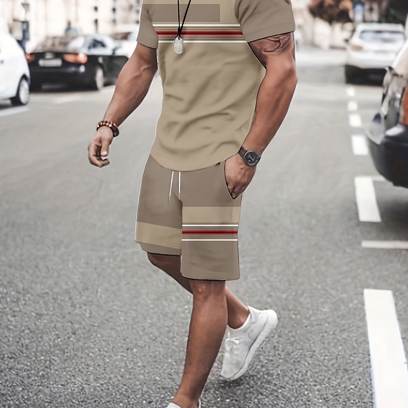 TEMU Geometric Print 2pcs Set: T-shirt + Casual Shorts - Men's Fashion Trendy Outfit