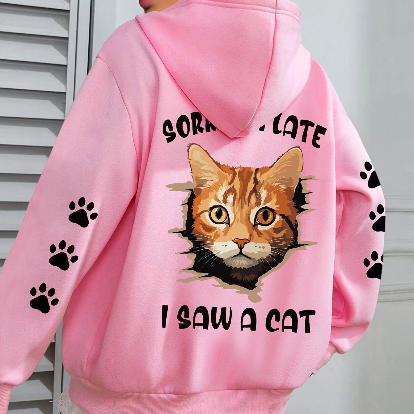 TEMU Women's Plus Size Cat Print Hoodie - Casual Long Sleeve Pullover With Pocket, 100% Polyester Knit Fabric, Stretch, Hooded Sweatshirt For