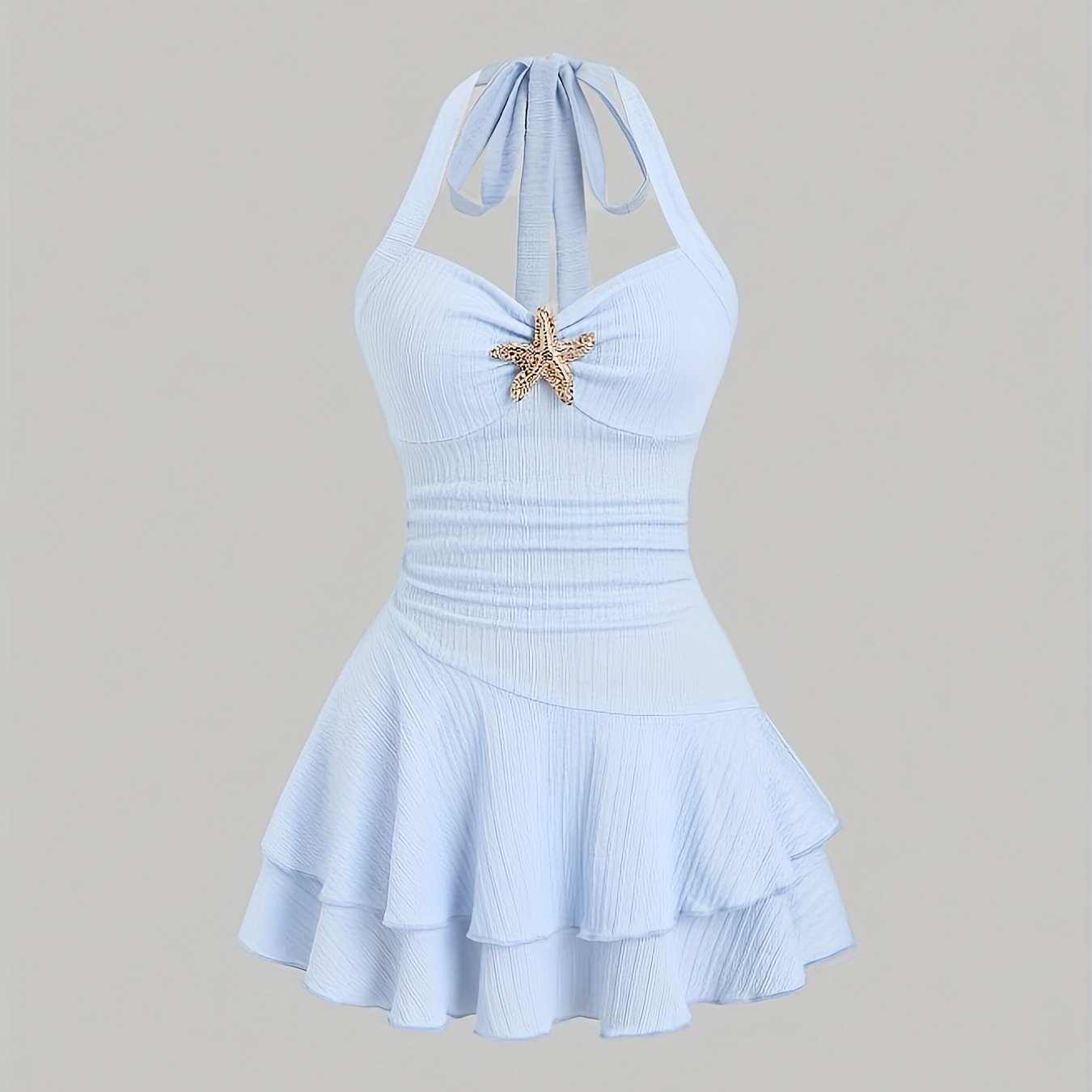 TEMU Short Mini Dress With Halter Neck & Layered Hem - Sleeveless A-line Beach Dress, High-stretch For Poolside, Summer Parties, Weddings - Machine