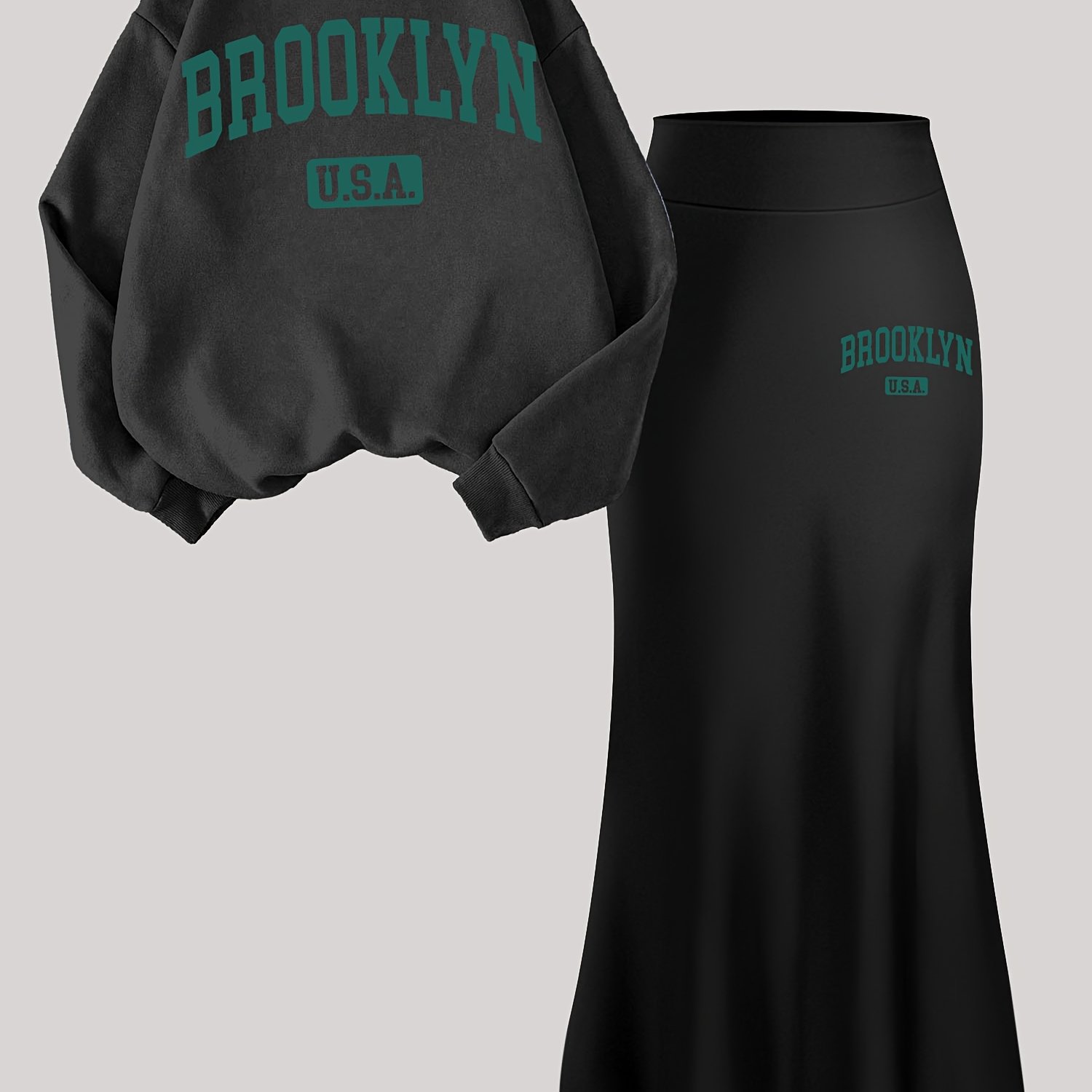 TEMU 2pcs Women's Skirt Set: 'brooklyn' Letter Print Crew Neck Long Sleeve Pullover Sweatshirt And Midi High-waist Skirt, Casual Sweatshirt Suitable