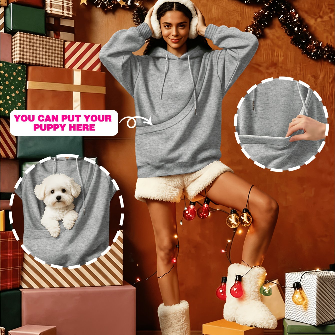 TEMU Women's Loose Fleece Hoodie, Solid Easy Design, For Pet Lovers, Built-in Pocket, Soft And Comfortable, Fleece-lined Warm, Outdoor Walking And