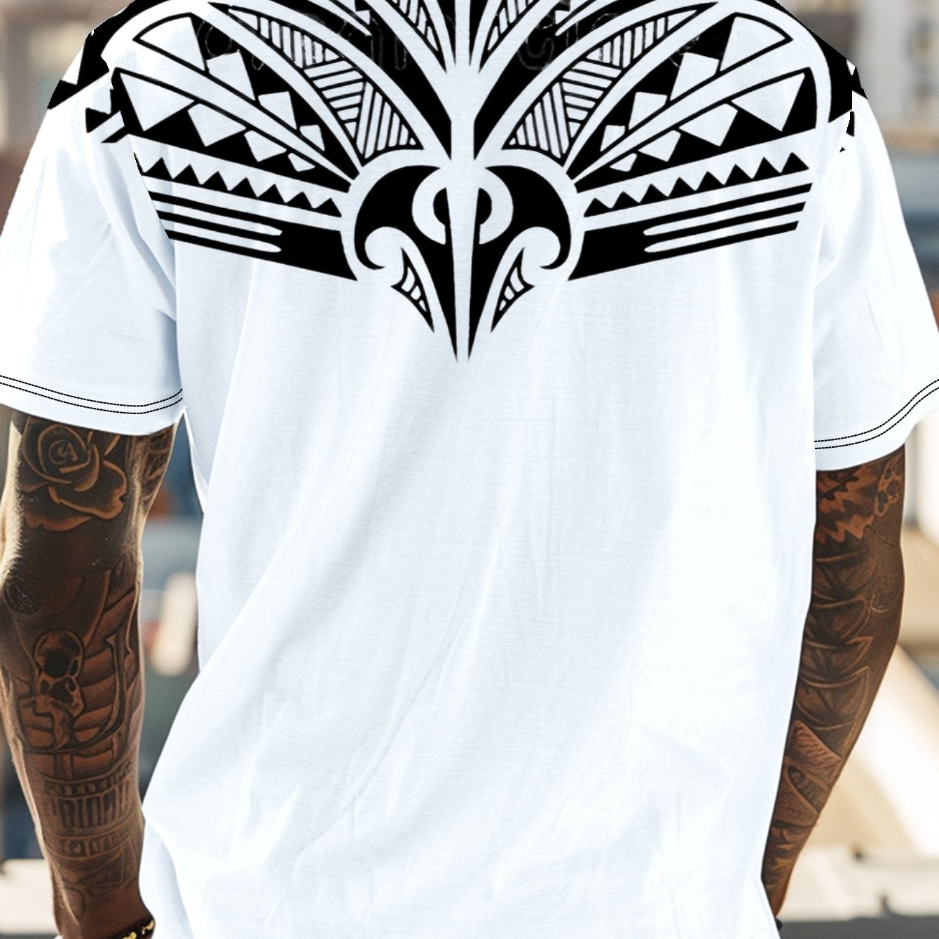 TEMU Men's Full-body Tribal Tattoo T-shirt - Featuring Maori And Polynesian Tribal Designs, H-shaped Short-sleeve Shirt With Realistic Print (body,