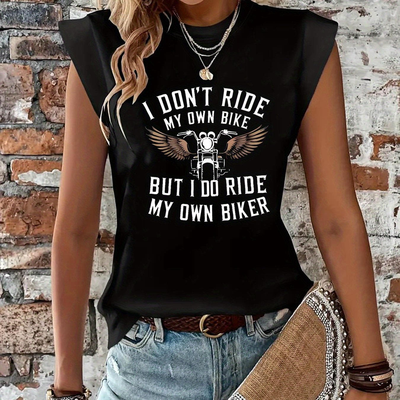 TEMU 't Ride Bike But I Do Ride Biker Letter Print T-shirt, Short Sleeve Crew Neck Casual Top For Summer & Spring, Women's Clothing