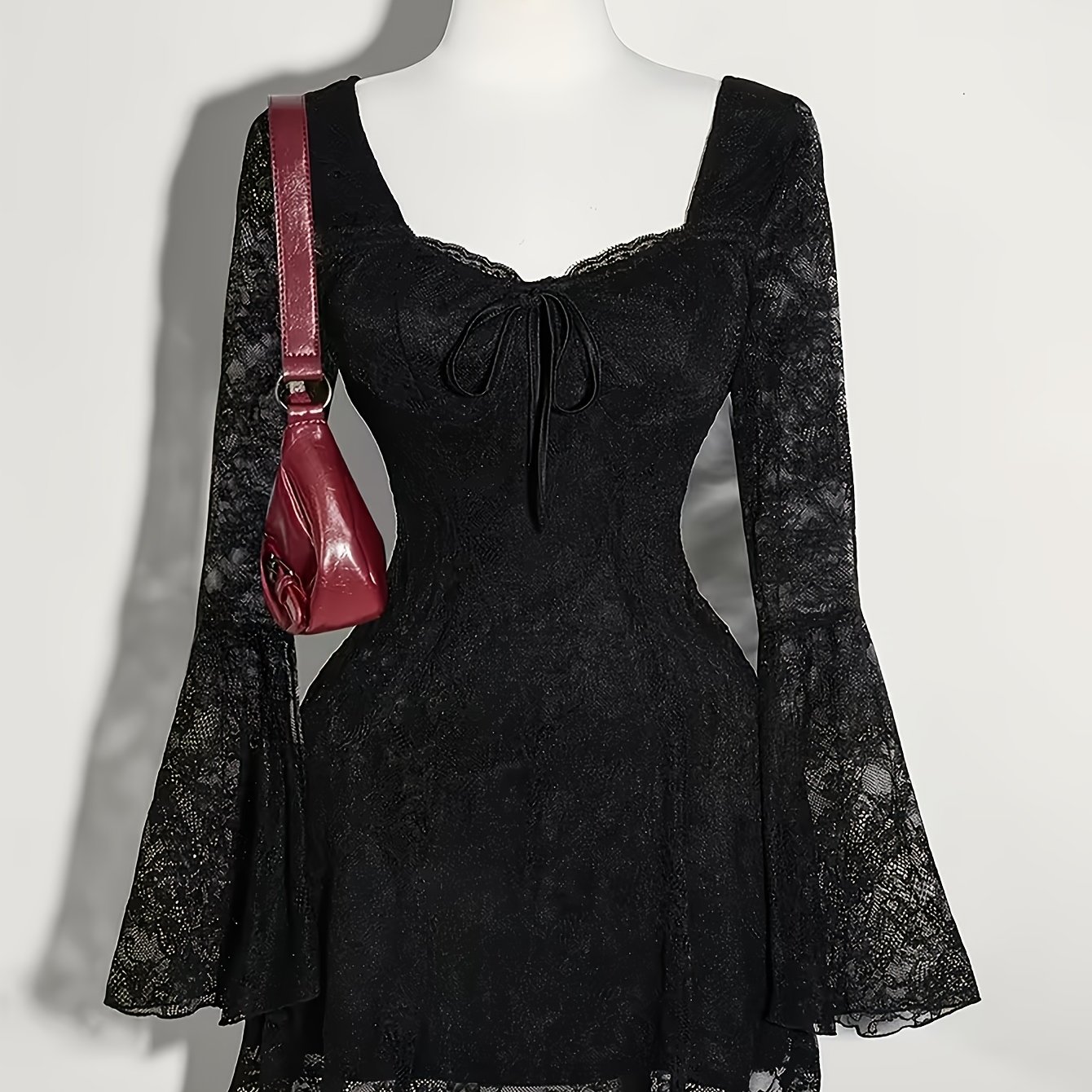 TEMU Robe corset en dentelle de couleur unie pour femme LIZX - Robe moulante cintrée avec en cœur et manches évasées, coupe ajustée horizontale