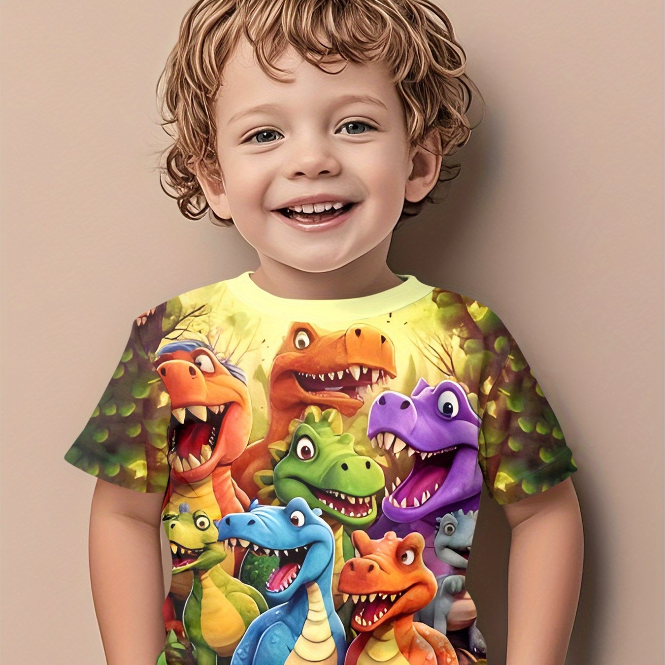 Image of Summer 3d Stylish Cartoon Short-sleeve T-shirt For Baby Boys Featuring Dinosaur Designs And Prints