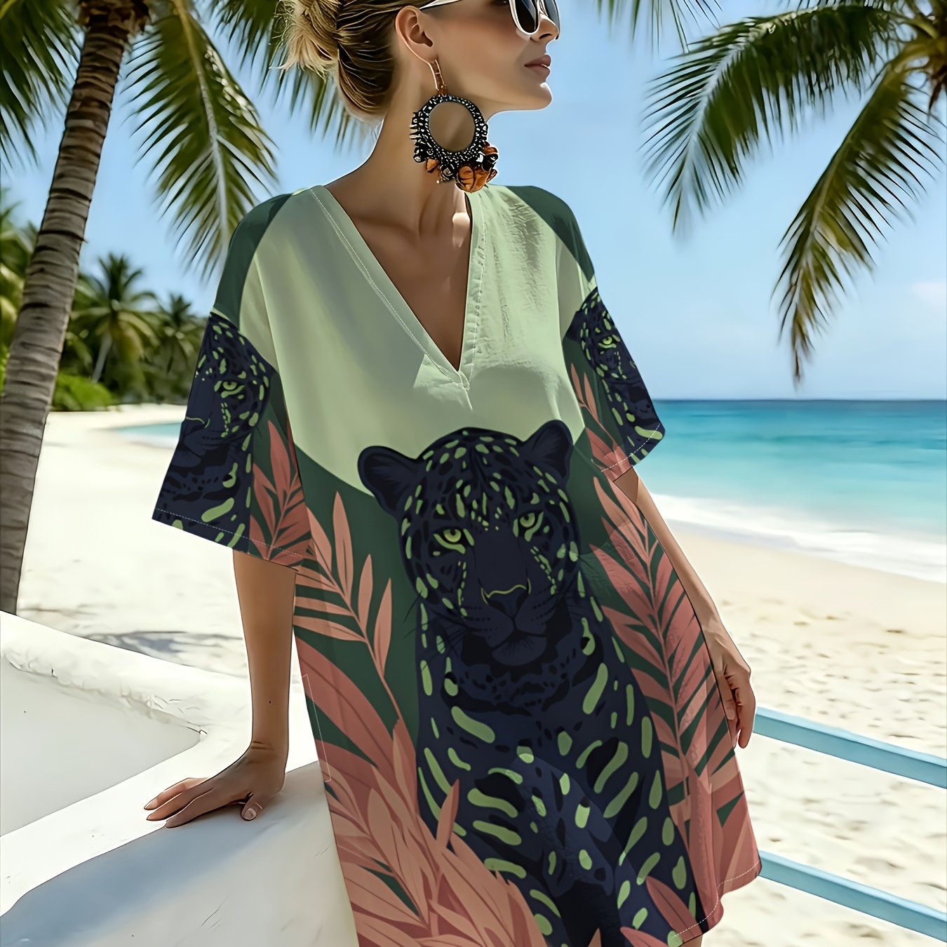 TEMU Dark Contrast Women's V-neck Dress Retro Exotic Loose Beach Vacation Swimwear Outerwear