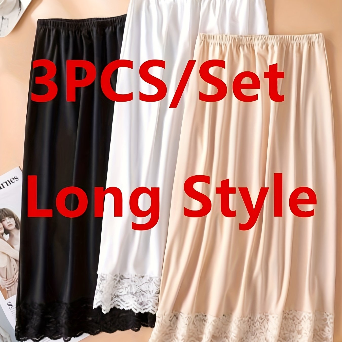 E-shop 3 Stück Damen Eleganter Langer Rock mit Spitzenbesatz, Weicher Bequemer Einfarbiger Futterrock, Schmal Geschnittener Gerader Rock mit Futter