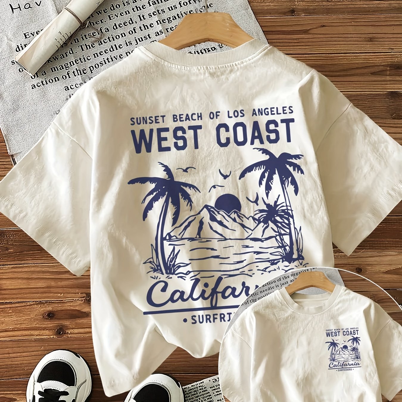 Letter And Coconut Tree Print Double-sided Short Sleeve Crew Neck T-shirt