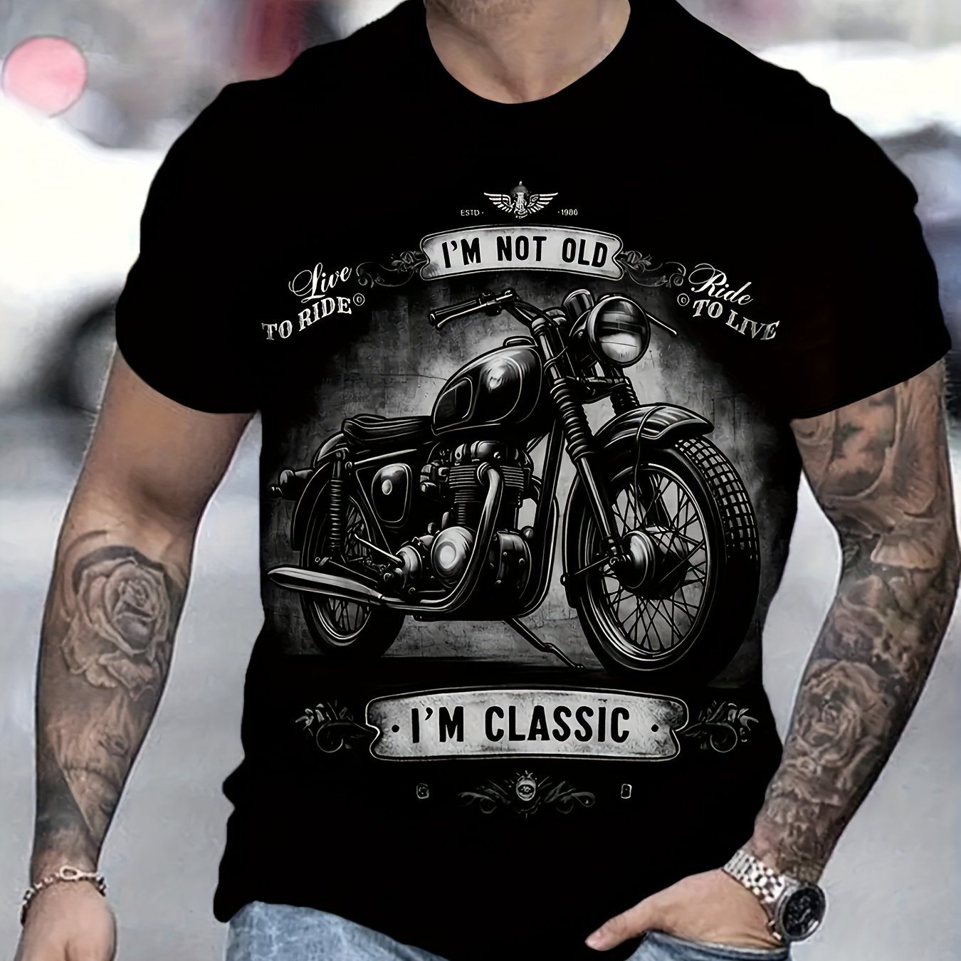 E-shop Sommer Casual Herren 3D Style Motorrad-Druck "ICH BIN NICHT ALT, ICH BIN KLASSISCH" Grafik Kurzarm Rundhals T-Shirt, Vatertagsgeschenk -