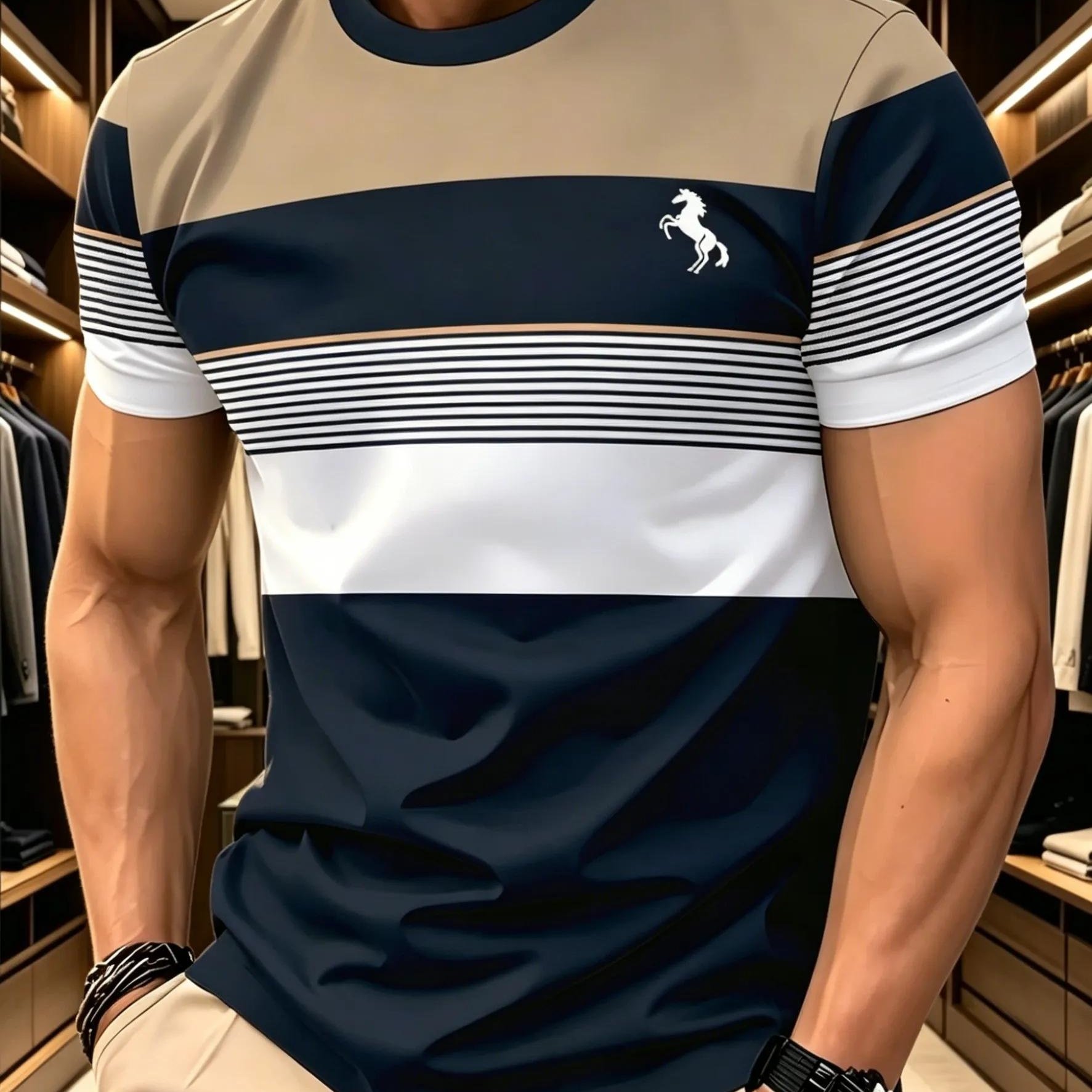 TEMU Men' Print Striped Color Block T-shirt, Casual Crew Neck Short Sleeve Polyester Tee