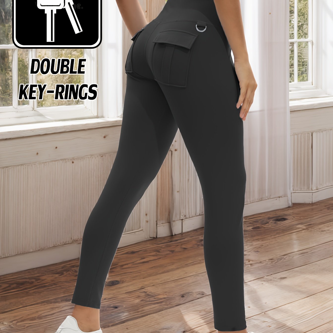 E-shop Trainingshose mit 2 & Schlüsselringen, Sportleggingesetzeinheitliche Hosen für Workout Laufen, 2-fach nutzbare Key-Ringe in Bauchkontroll-Design