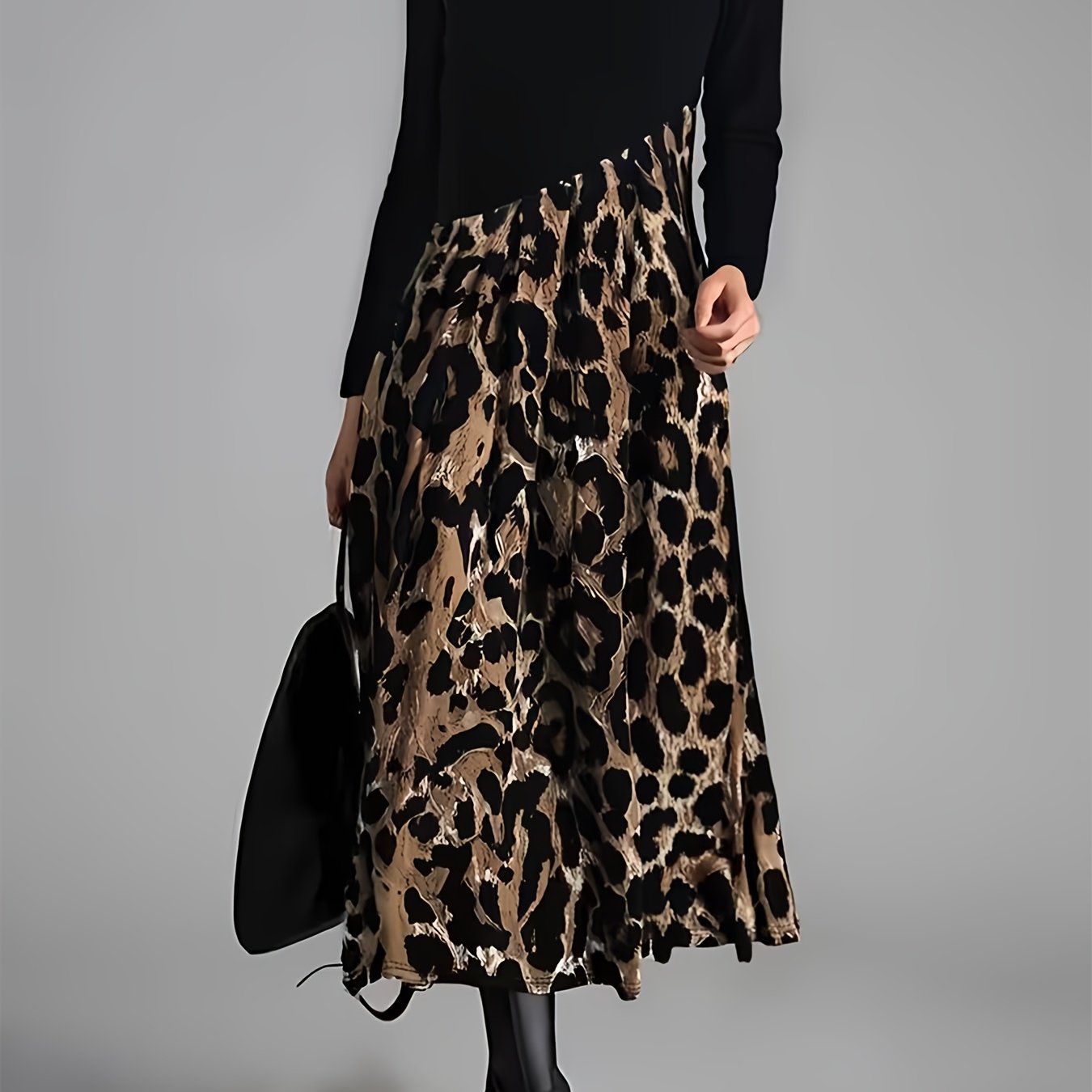 TEMU Plus Size Women's Fashion Dress New Long Sleeve Round Neck Leopard Print Midi Dress