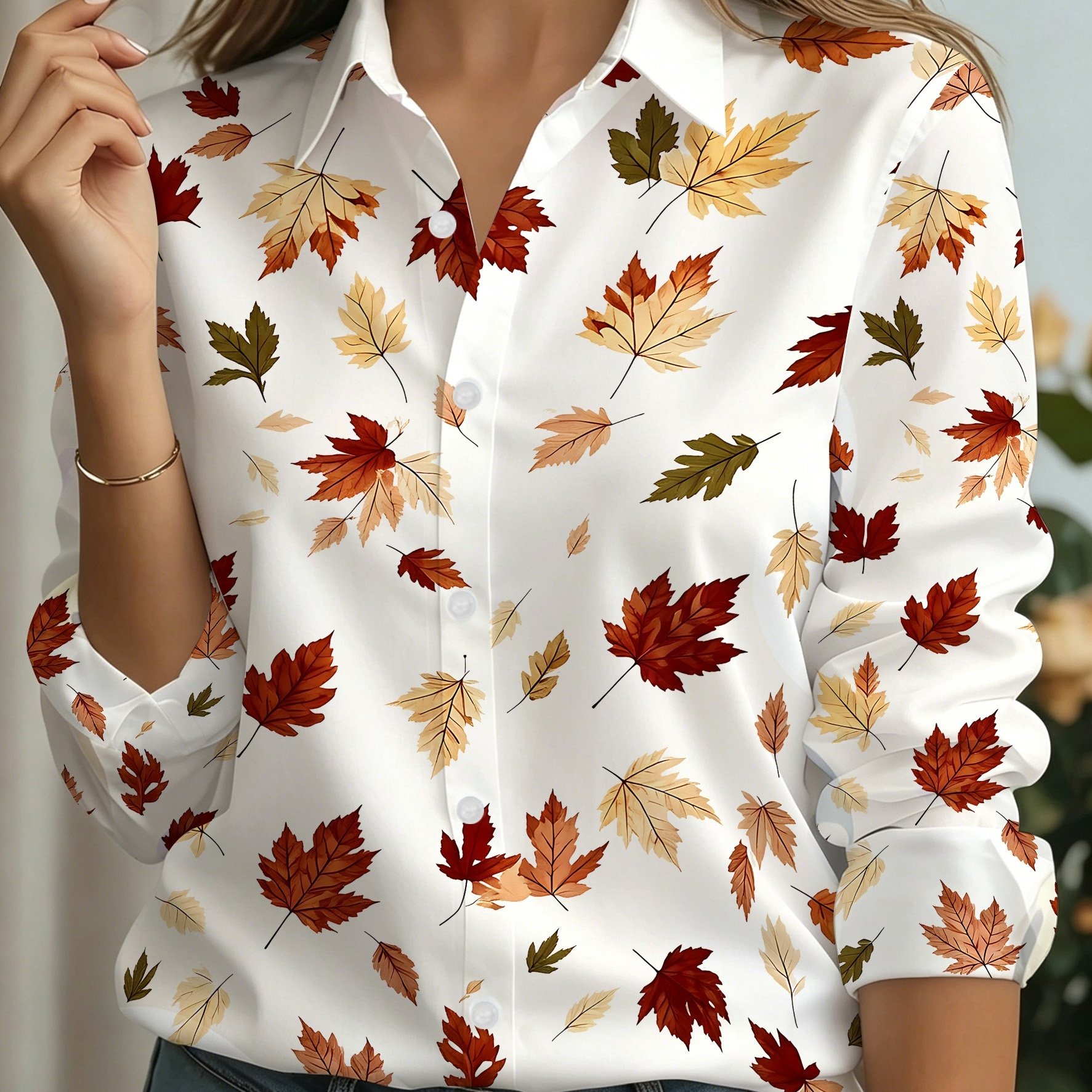 TEMU [printed Design - Not Texture] Women's Beautiful Shirt Long Sleeve Fashion Trendy Lapel Blouse, Retro Maple Leaf Falling Element Long Sleeve