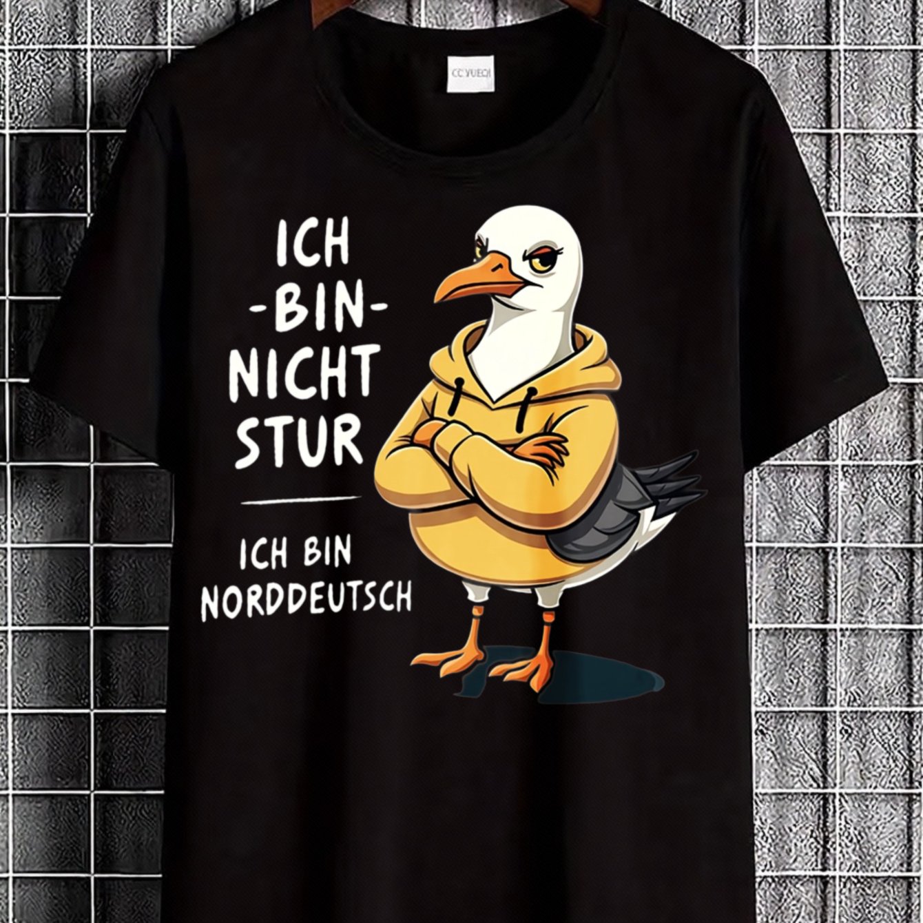 Cartoon Seagull With Hoodie And Text Men's T-shirt Humorous German Slogan Summer Casual Wear Gift For