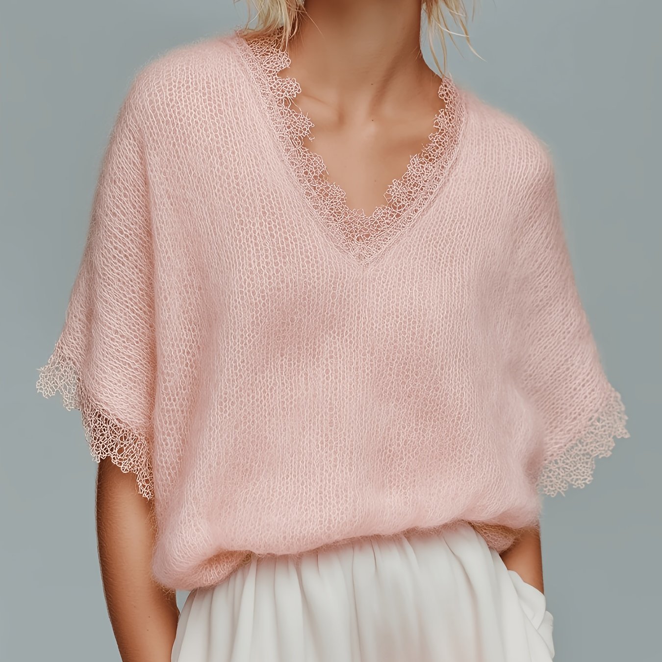 E-shop Modisches elegantes Damen-Top mit Spitzen-Patchwork V-Ausschnitt, bequemer lockerer Kurzarm-Pullover, lässiges elegantes Damen-Top, geeignet für