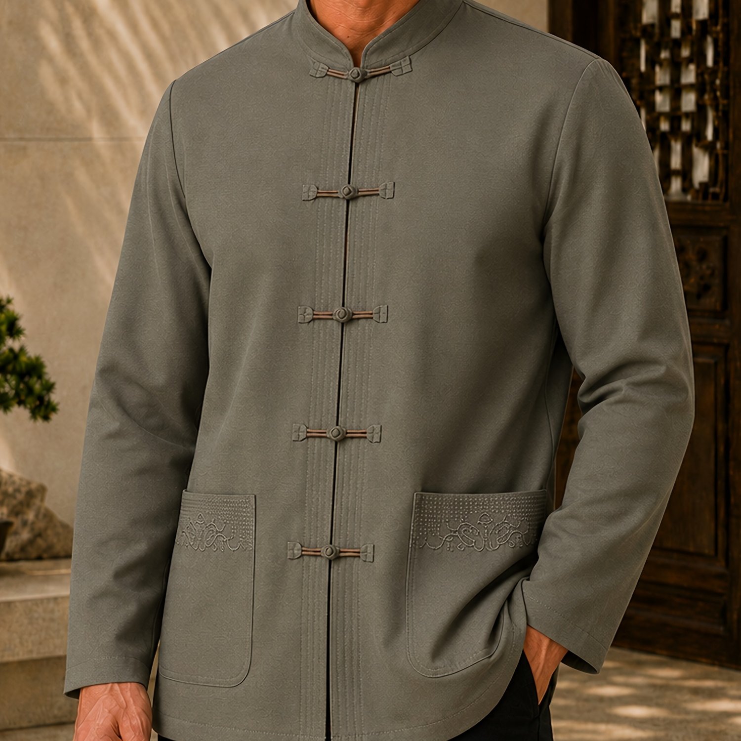   obm random print spring autumn new mens traditional tang suit top new chinese style embroidered button garniture short stand collar open front long sleeve shirt mens casual fashion shirt jacket side  