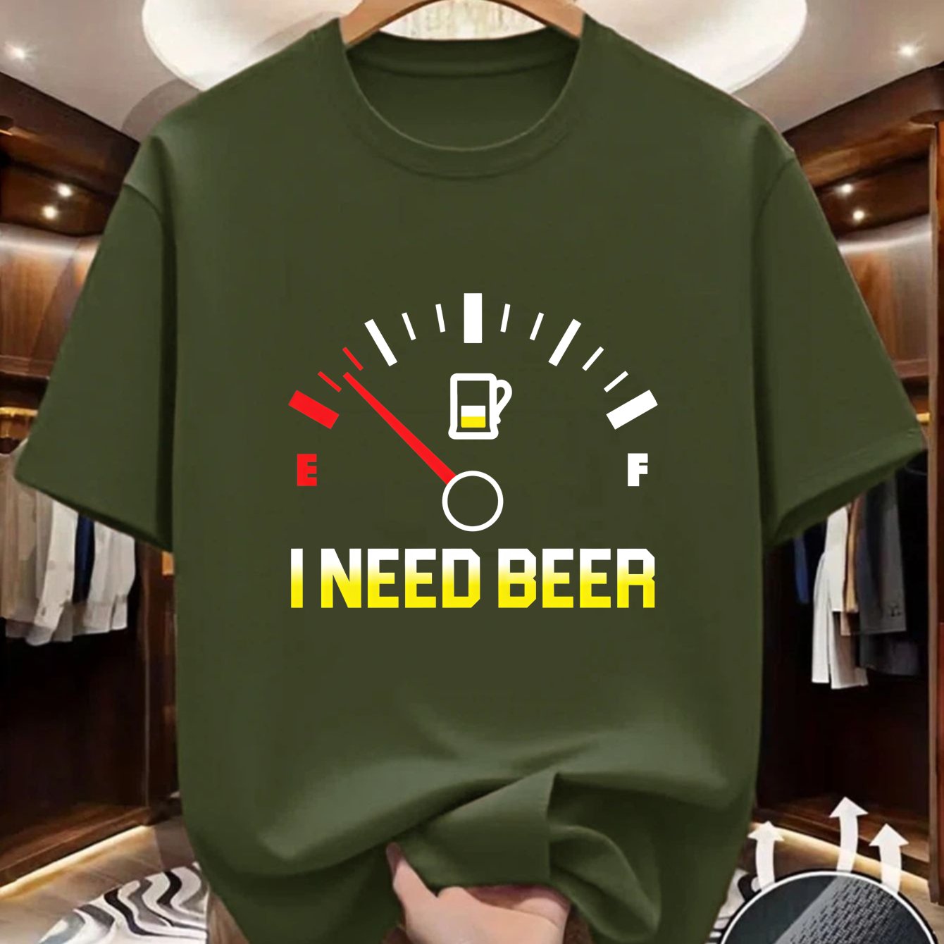 TEMU Men's Fuel Gauge Beer Icon T-shirt - Breathable Round Neck Summer Casual & Sportswear With Fuel Gauge Print, Suitable For Gym, Outdoor