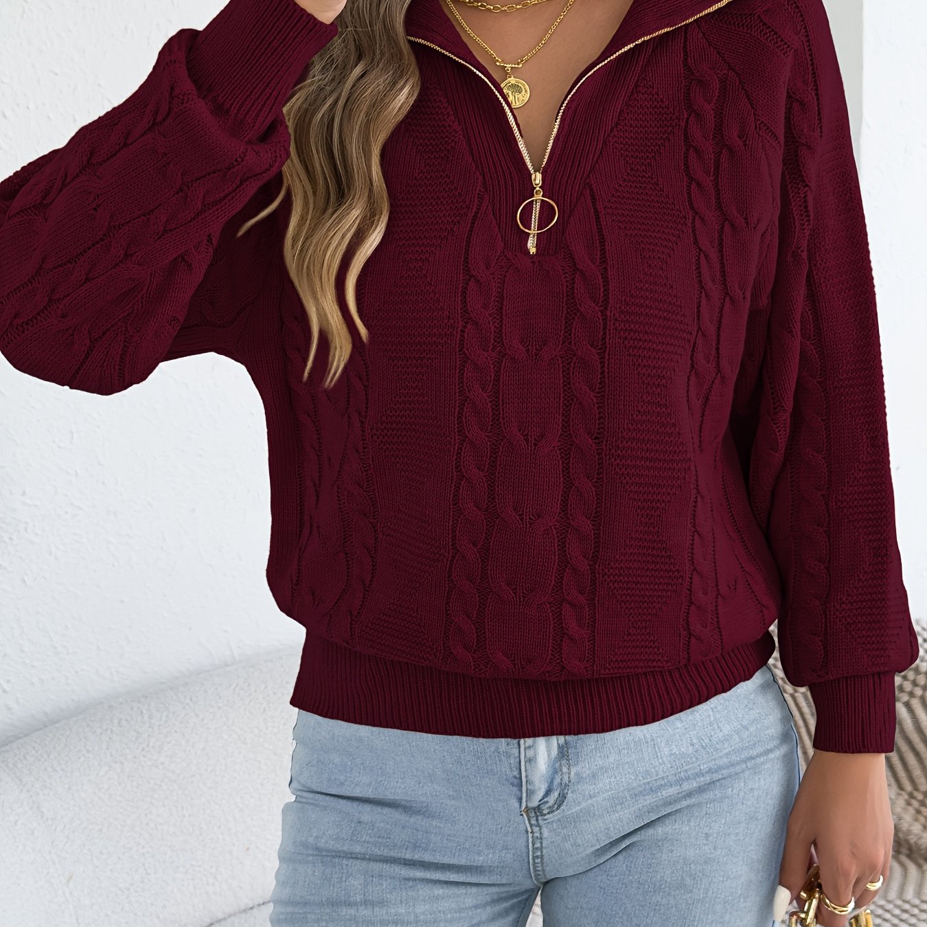 Autumn And Winter Leisure Vacation Pullover Sweater Solid Color Zipper Lapel Women's Sweater