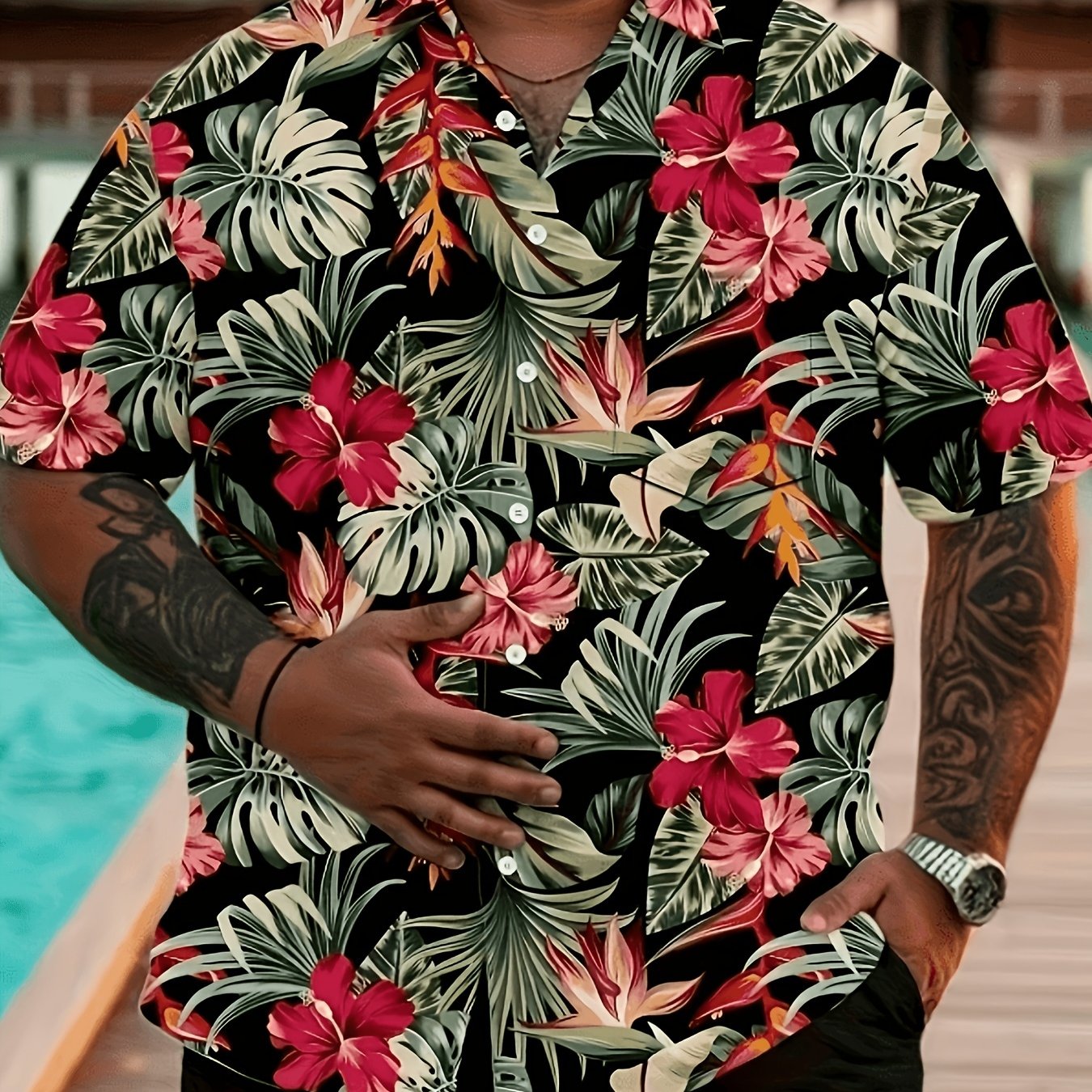 TEMU Printed Design - Not Textured] 2026 Summer New Arrival Men's Plus Size Shirt, Fashionable Casual Tropical Floral Print Slim Fit Short Sleeve