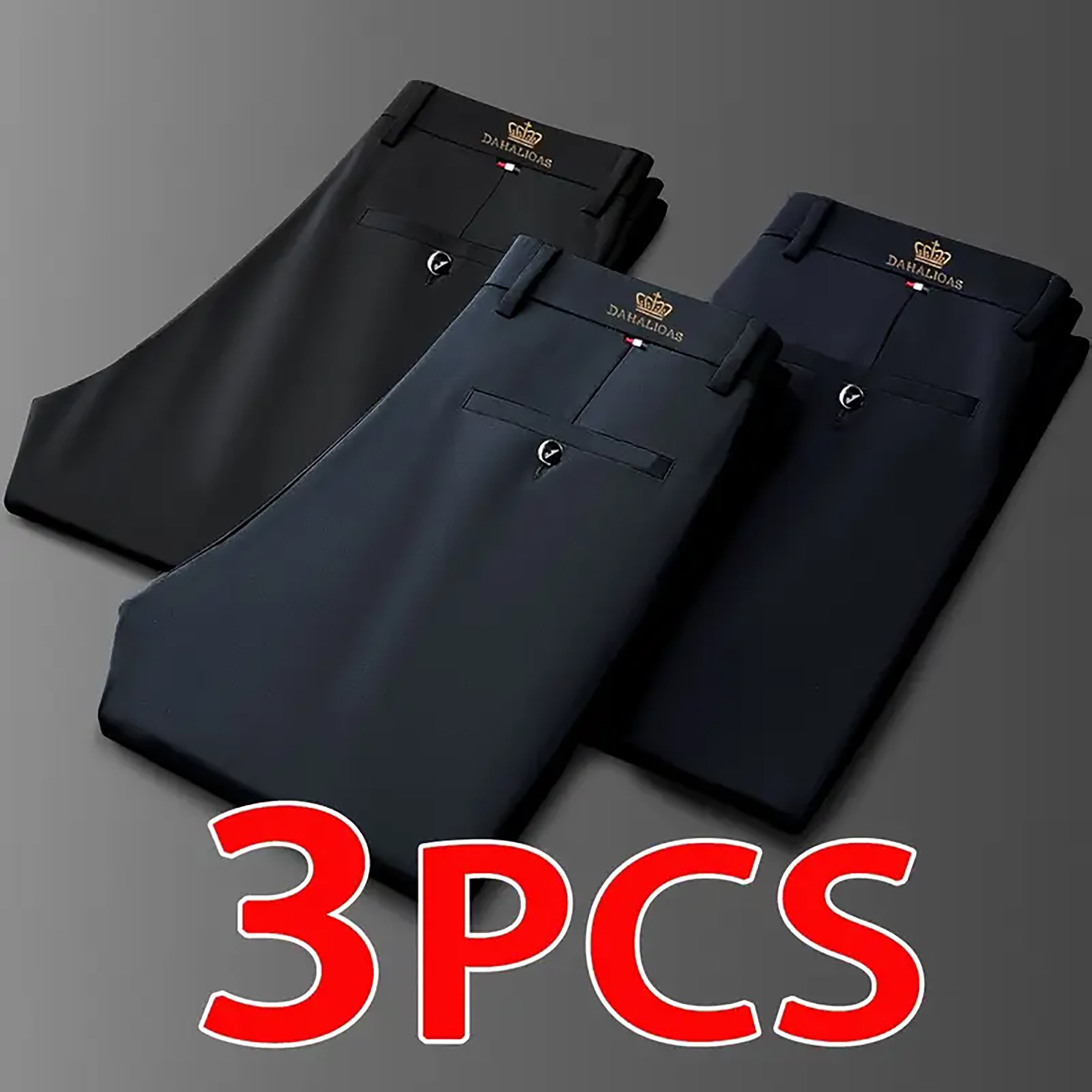 TEMU Lot de 3 pantalons habillés professionnels pour homme, pantalons de costume formels extensibles avec broderie, pantalons de costume décontractés
