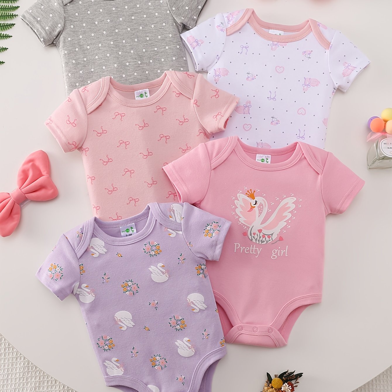 Image of 5pcs Outfits - Soft Short-sleeve Bodysuits With Swan Print, Pink Cartoon Onesies, Machine Washable Rompers (5pcs Suit For Girls), Perfect For Outdoor