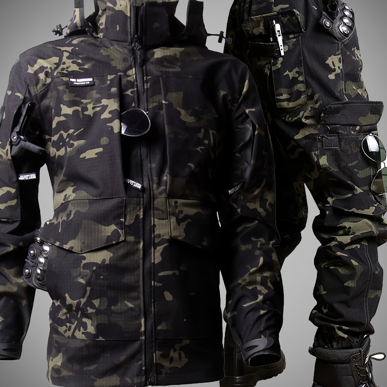 Image of Men's Outdoor Camouflage Jacket And Pants Set. Long Trousers, Men's Cargo Pants, Suitable For Spring And Autumn. Features Multiple Pockets, Zipper, And Mesh Fabric. Ideal For Fishing And Hiking