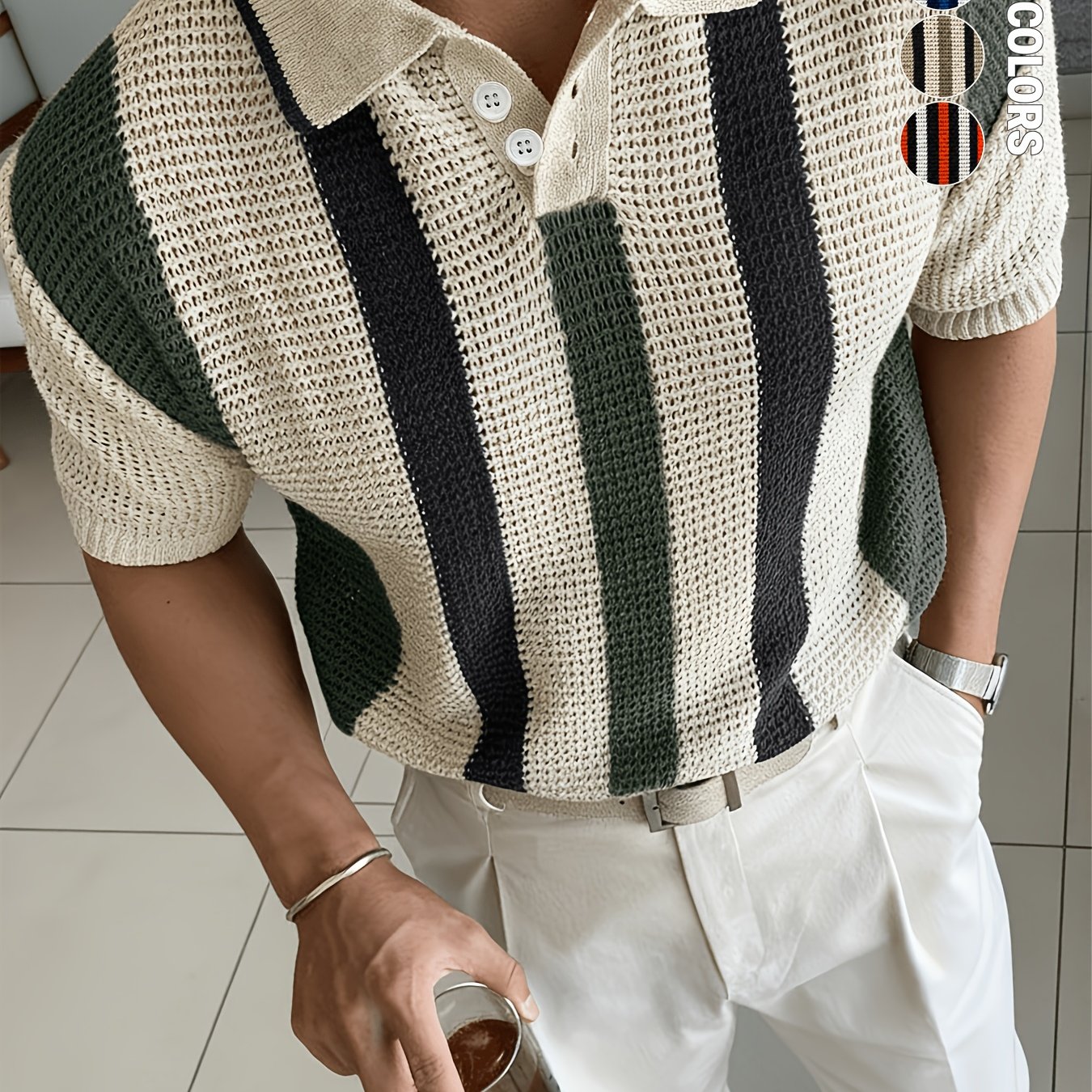 Image of Old Money Style Spring Summer Men's Knit Short Sleeve, Summer Clothing Button-up Collar Striped Contrast Men's Pullover Sweater, Office Vacation Travel Outfit Wrinkle-resistant