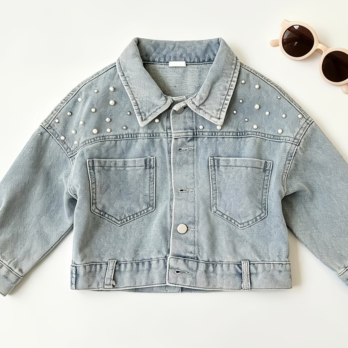 Image of Girls' Denim Top, Spring/autumn Fashionable Simple Washed Denim Jacket With Small Pearls, Versatile Outerwear